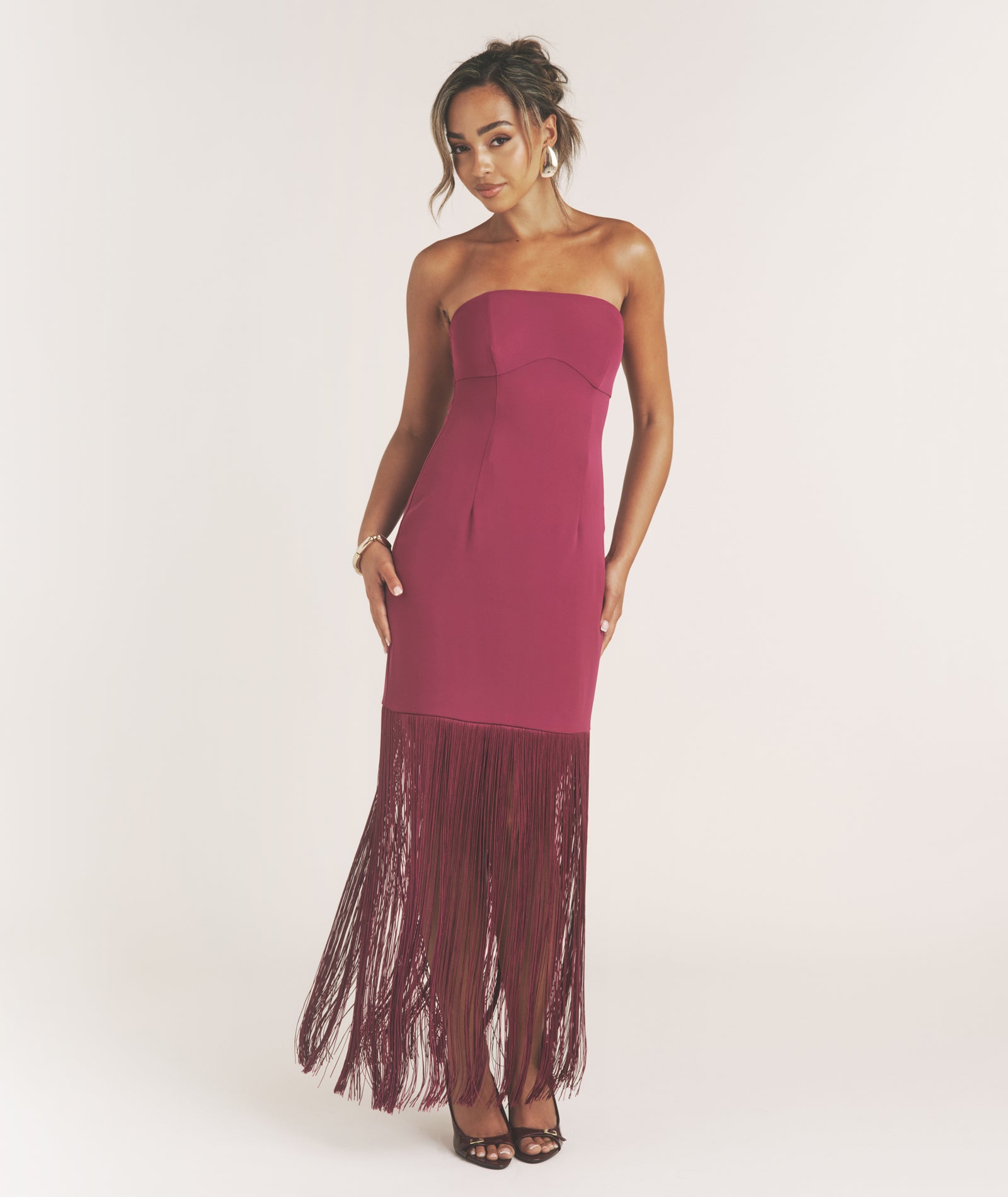 Fringe Bandeau Maxi Dress - Raspberry Pink  Six Stories