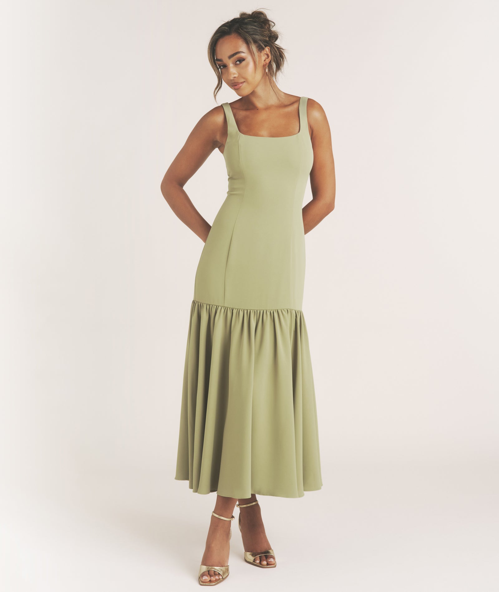 Square Neck Drop Hem Midi Dress - Sage- Size US 12 Square Neck Drop Hem Midi Dress - Sage- Size US 12