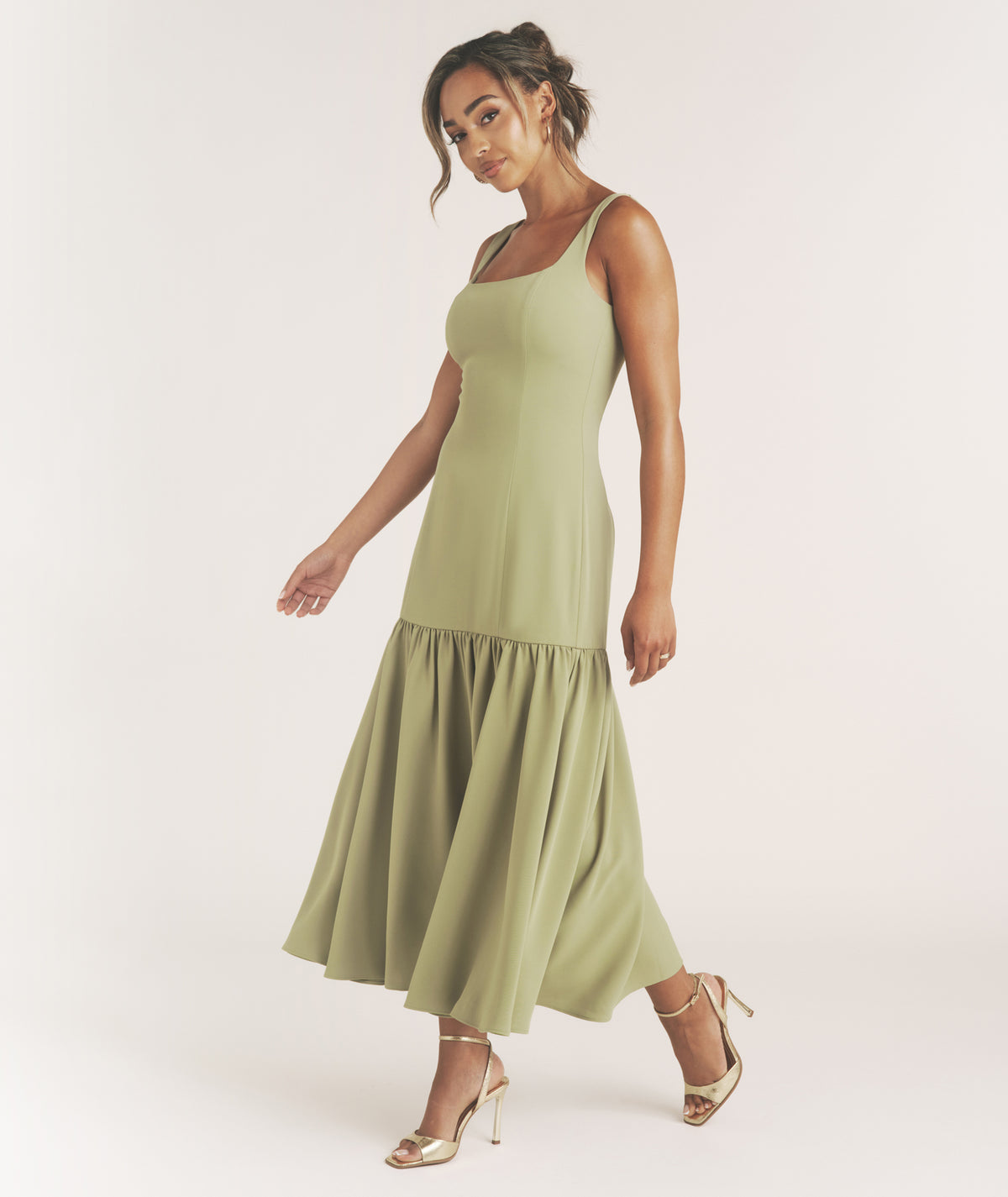 Square Neck Drop Hem Midi Dress - Sage