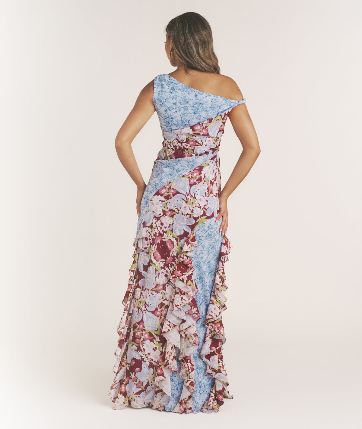Floral Mixed Print Ruffle Dress - Pale Blue