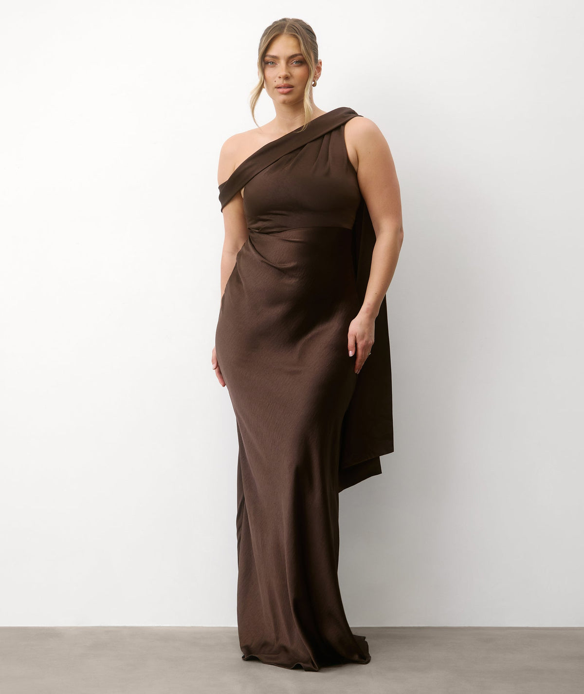 One Shoulder Drape Satin Bridesmaid Dress - Chocolate