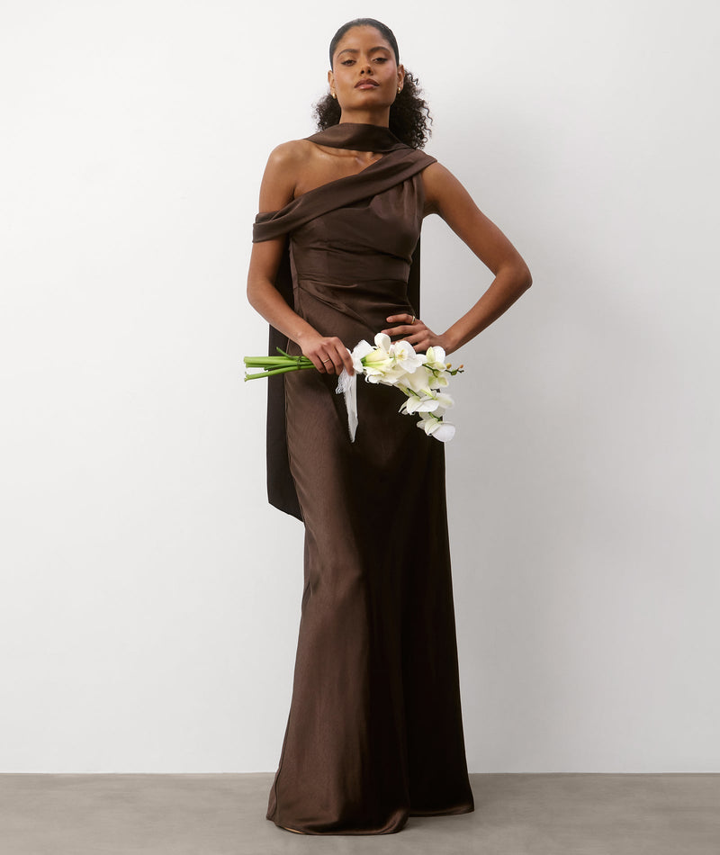 One Shoulder Drape Satin Bridesmaid Dress - Chocolate
