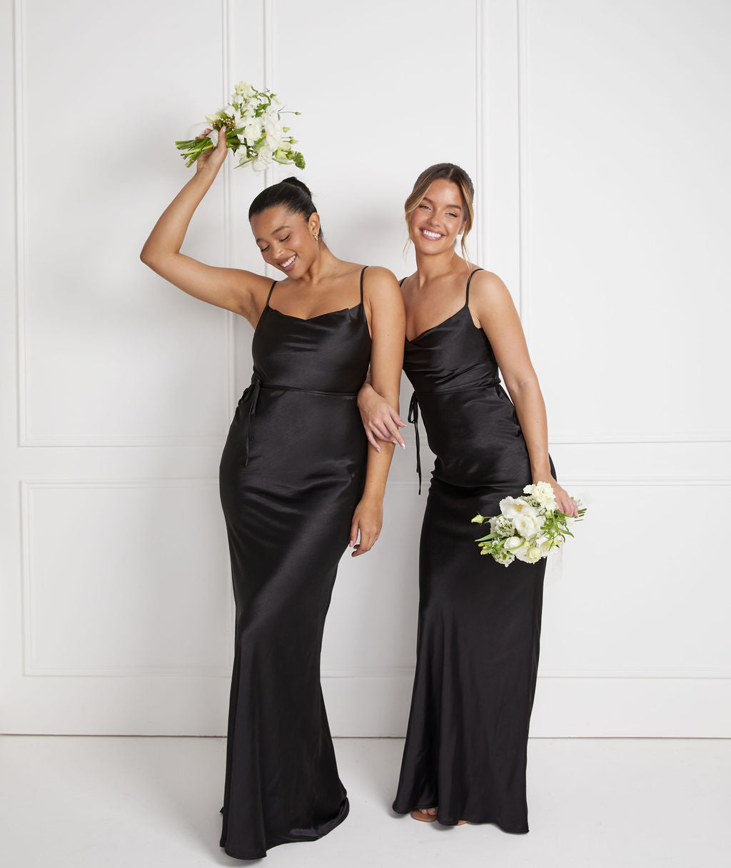 Cami Cowl Front Satin Bridesmaid Dress Black Six Stories