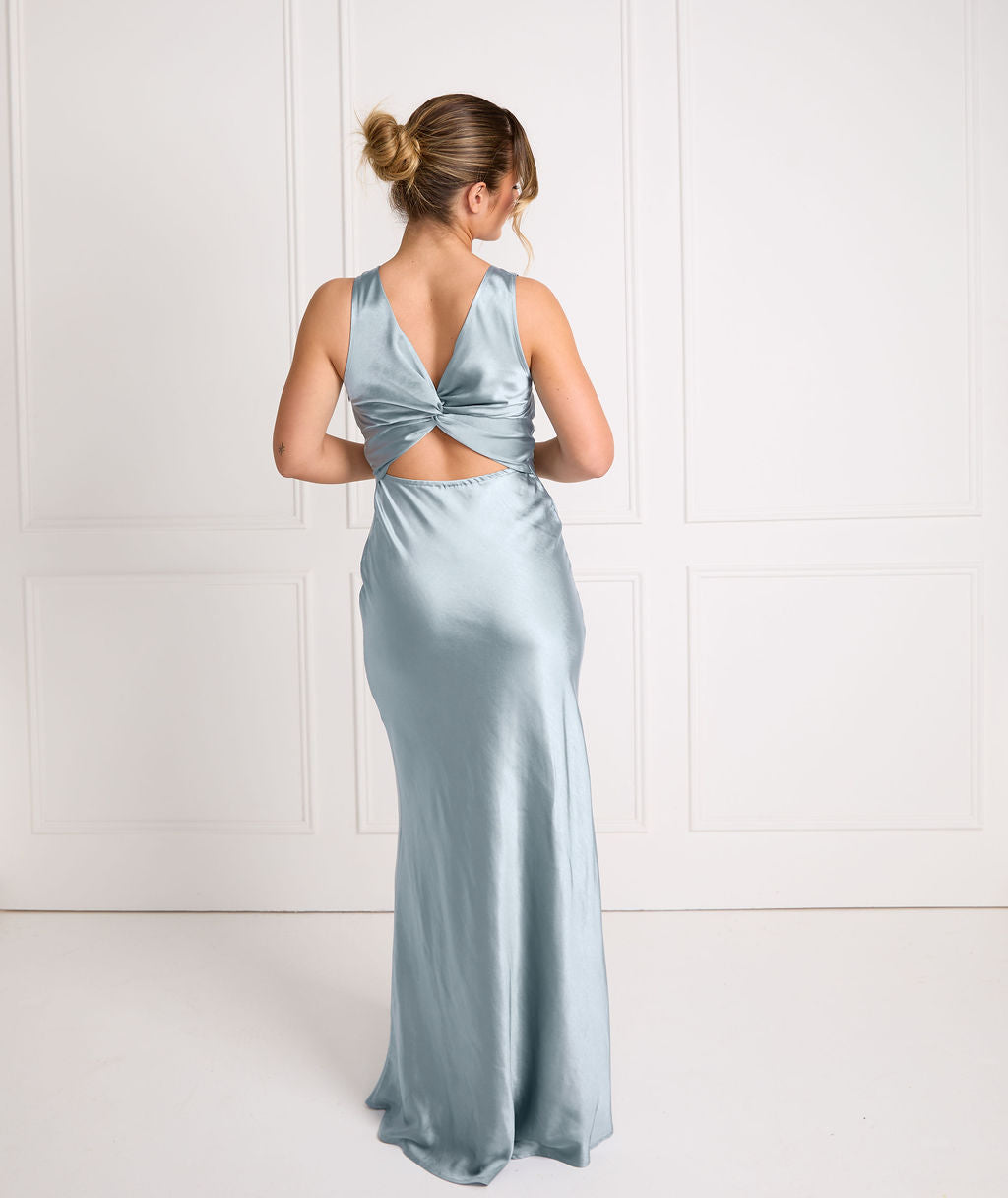 Dusty Blue Satin Bridesmaid Dress - Twist Back, Low Plunge Style.- Size US 4 Dusty Blue Satin Bridesmaid Dress - Twist Back, Low Plunge Style.- Size US 4