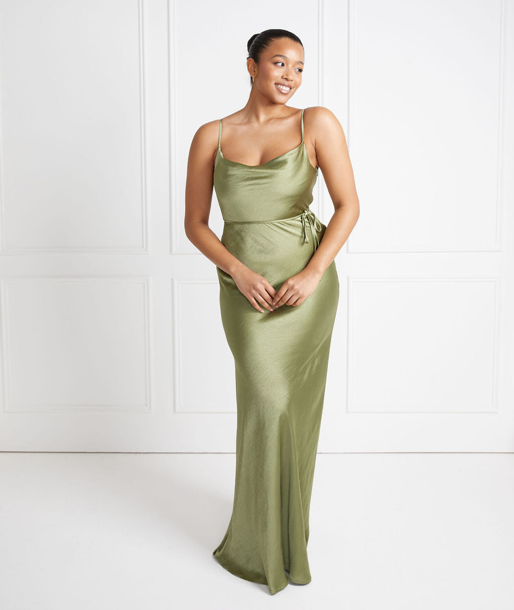 Cami Cowl Front Satin Bridesmaid Dress - Moss Green | Six Stories