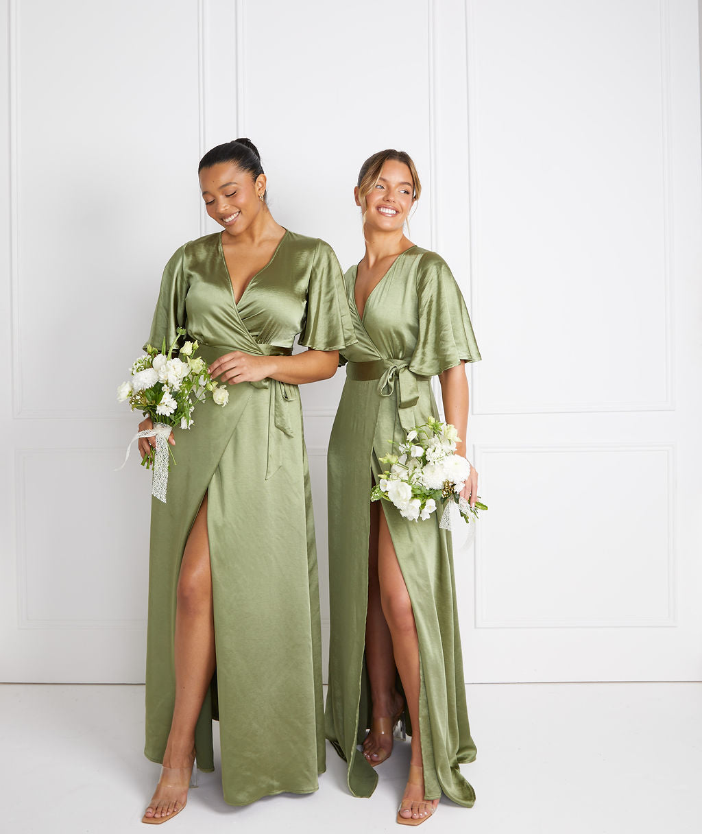 Wrap Tie Satin Bridesmaid Dress - Moss Green | Six Stories- Size US 10 Wrap Tie Satin Bridesmaid Dress - Moss Green | Six Stories- Size US 10