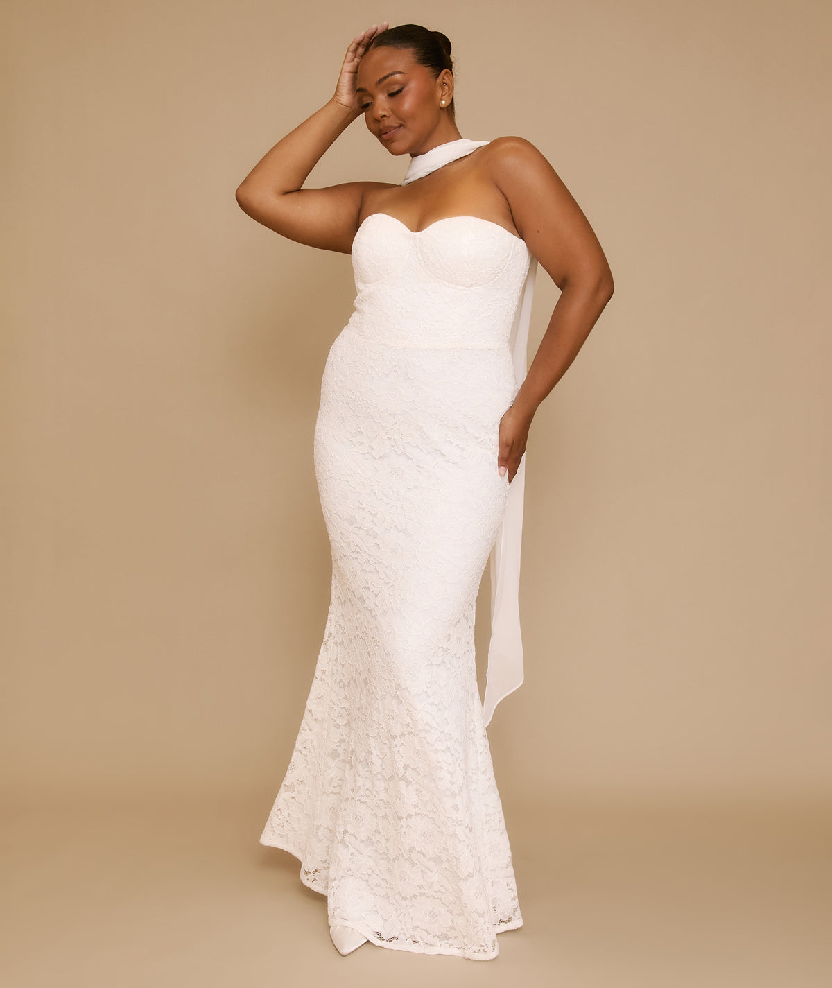 Lace Bandeau Maxi Dress with Neck Scarf - Ivory