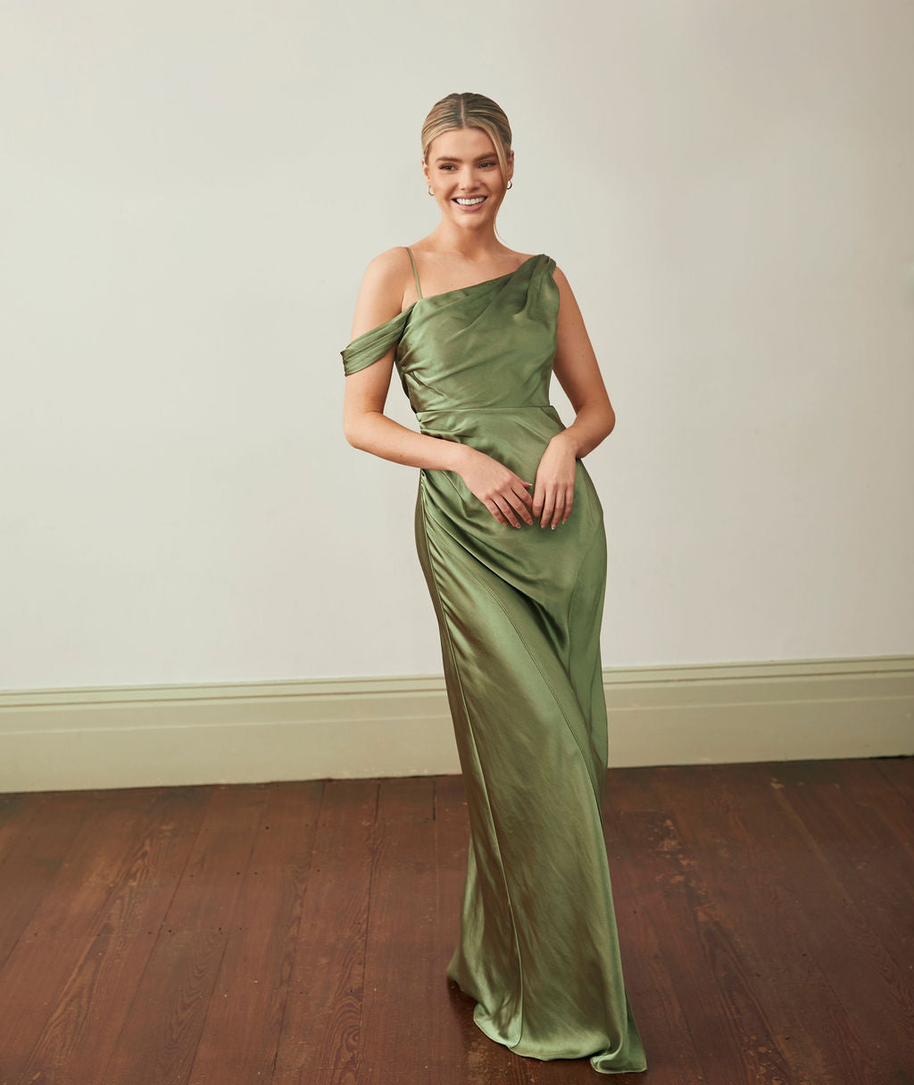 Asymmetrical Bardot Strap Satin Bridesmaid Dress - Moss Green | Six Stories Asymmetrical Bardot Strap Satin Bridesmaid Dress - Moss Green | Six Stories