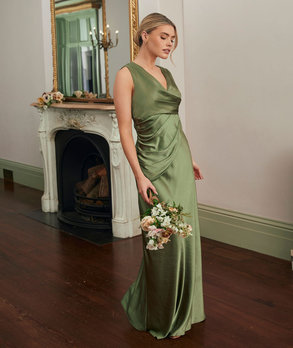 Plunge Drape Detail Satin Bridesmaid Dress