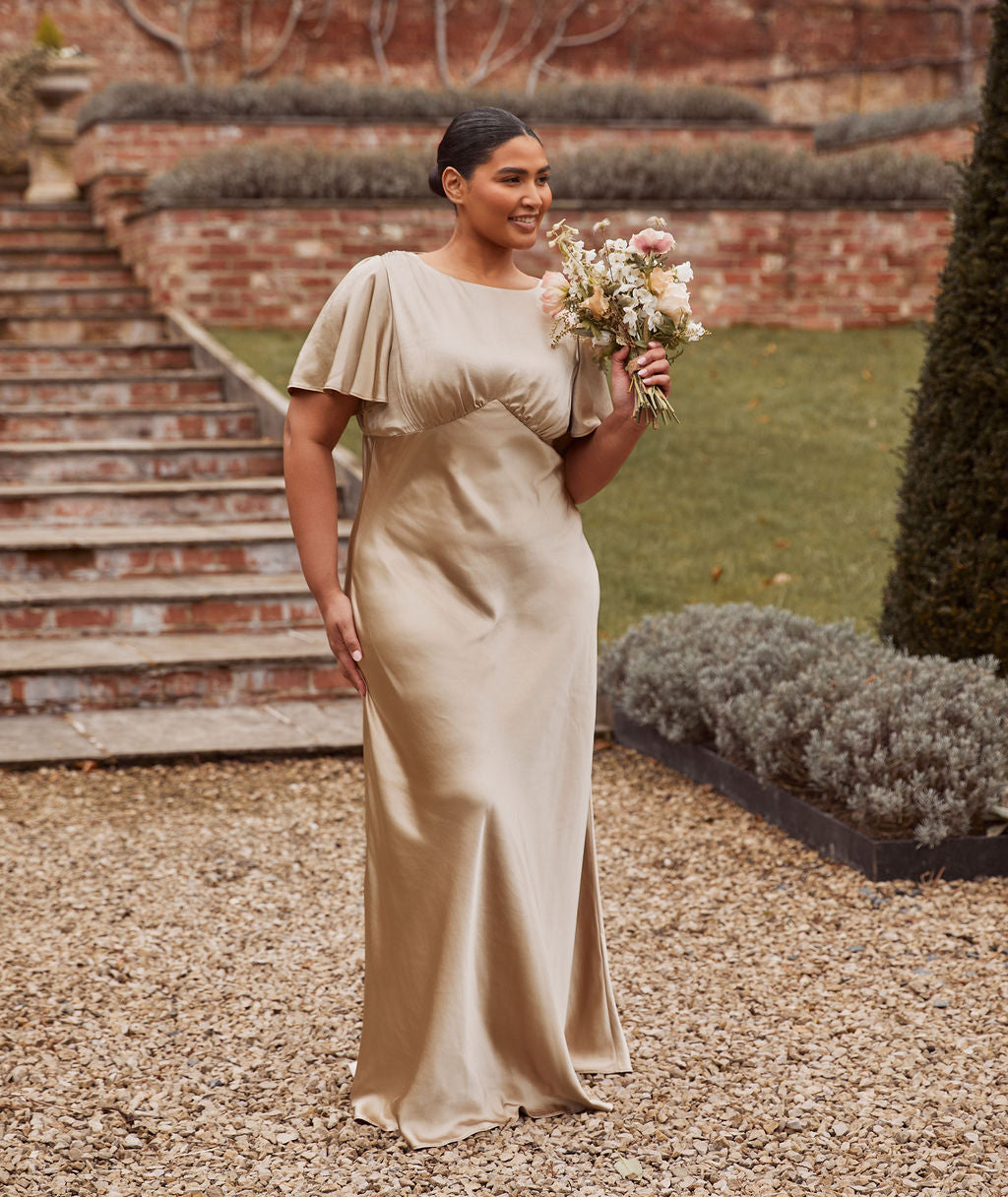 white christmas dresses Gathered Bust Flutter Sleeve Satin Bridesmaid Dress - Champagne