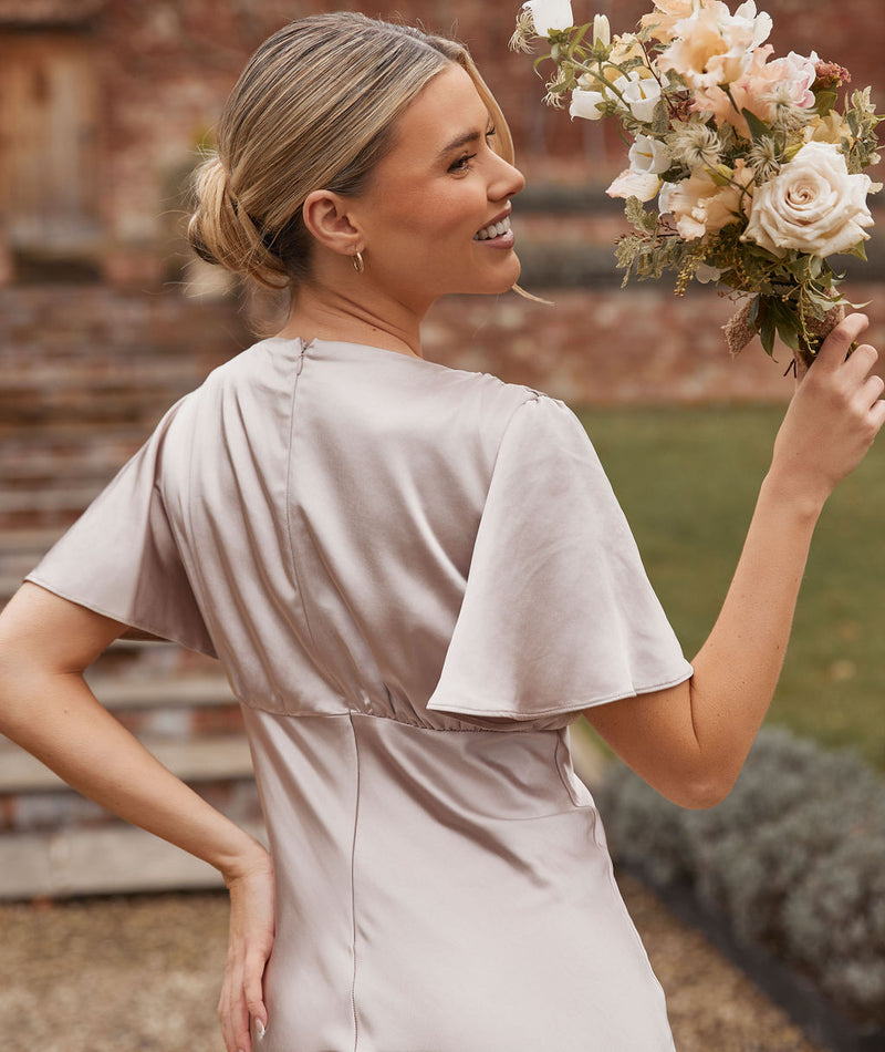 Gathered Bust Flutter Sleeve Satin Bridesmaid Dress - Oyster