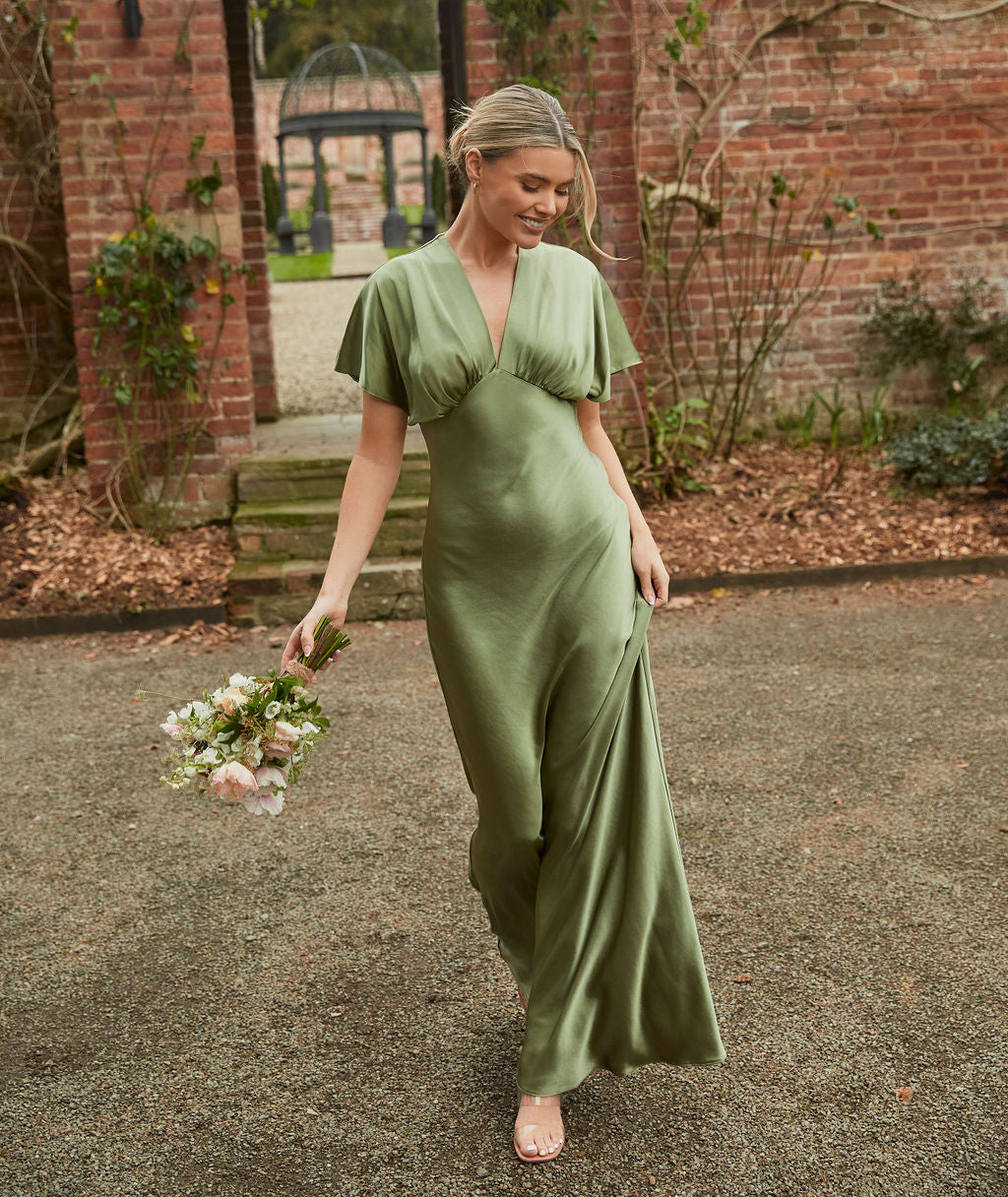 Plunge Batwing Satin Bridesmaid Dress - Moss Green | Six Stories