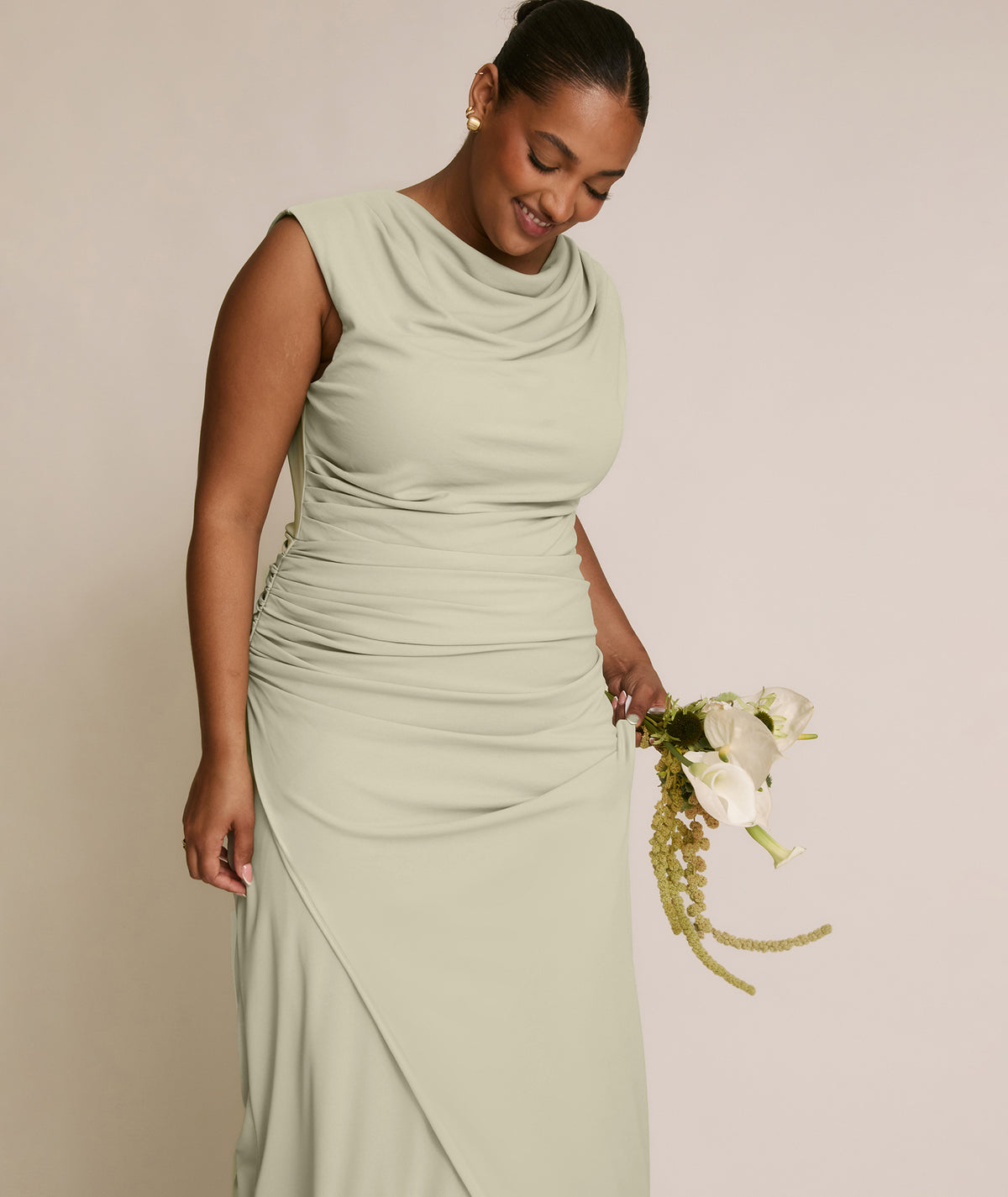Cowl Wrap Neck Stretch Sculpt Bridesmaid Dress - Soft Sage