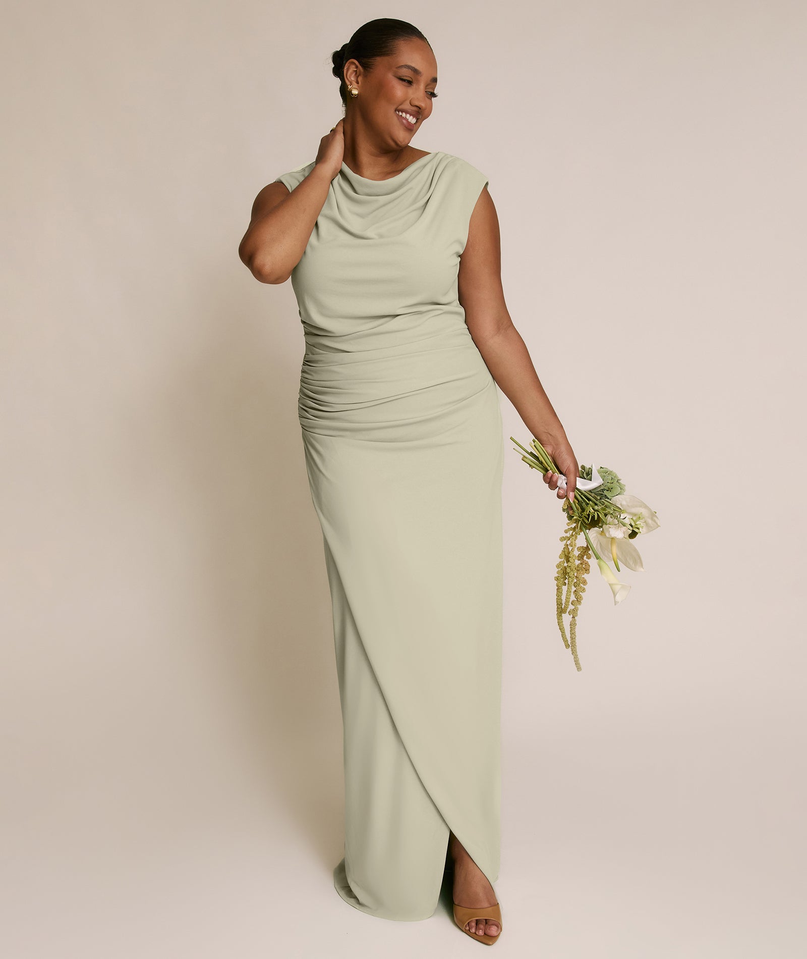 green emerald velvet dress Six Stories Women's Cowl Gathered Short Sleeve Bridesmaid
