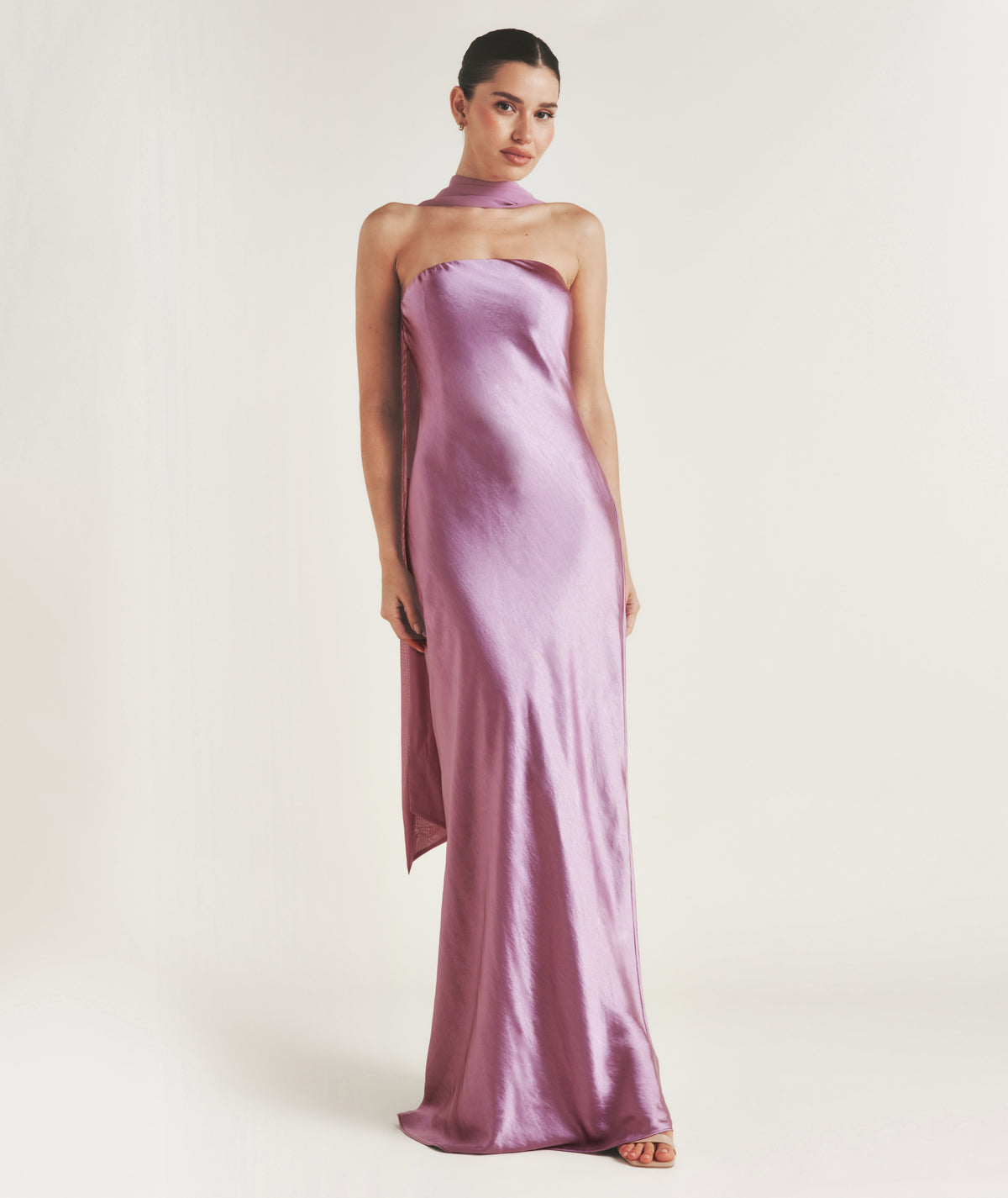 Bandeau Satin Bridesmaid Dress with Chiffon Neck Scarf - Orchid