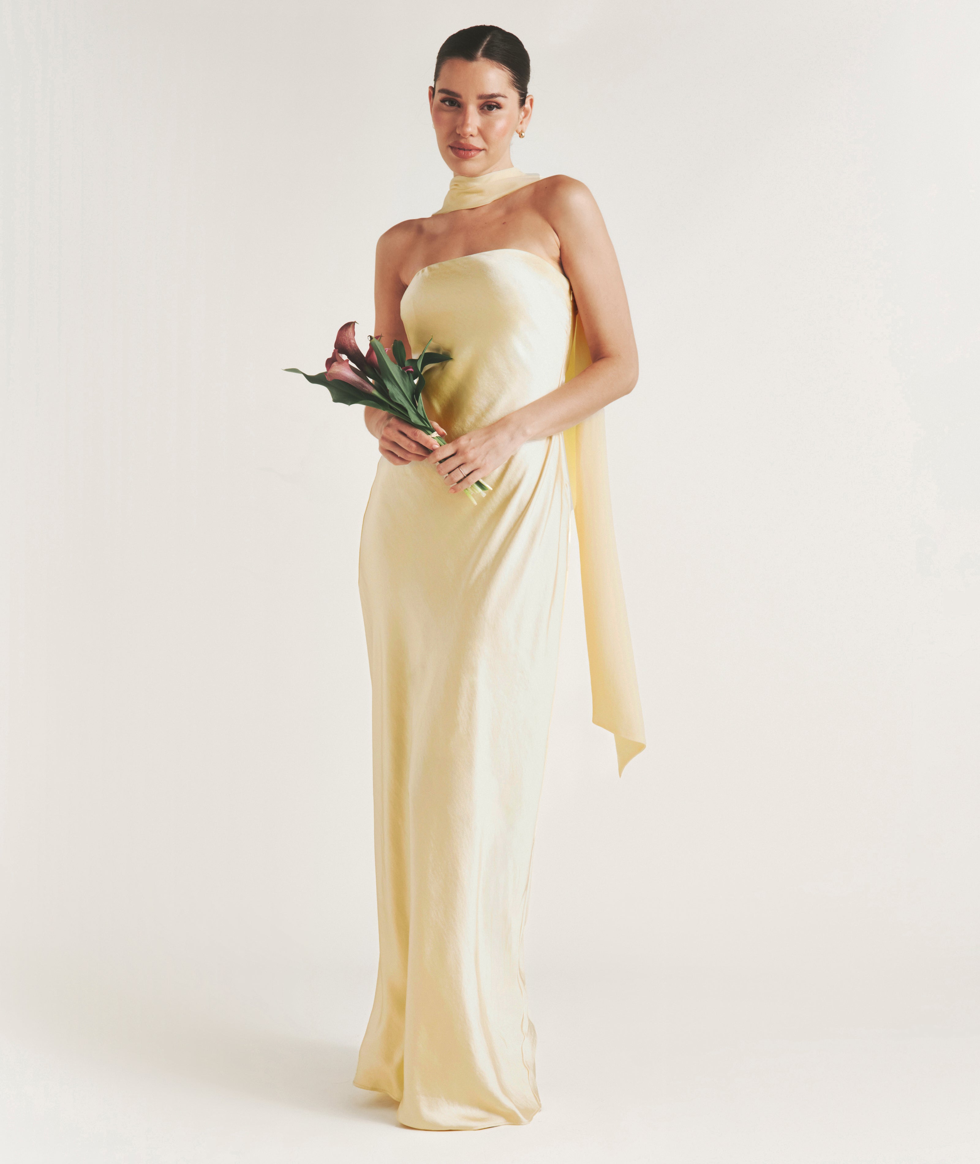 silk bandeau dress Women's Cream Bandeau Satin Drape Detail Maxi Dress