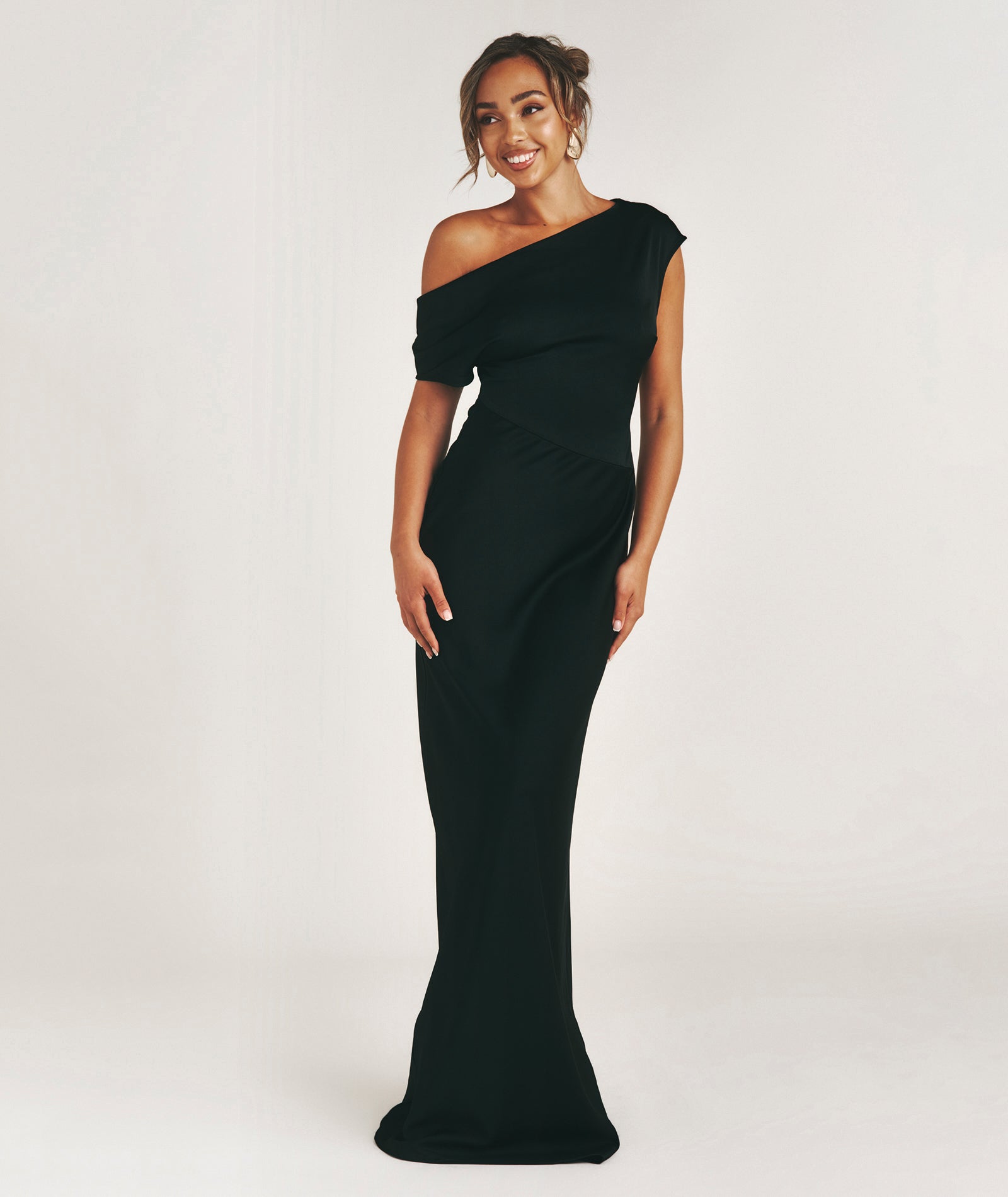 Asymmetric Neck Satin Bridesmaid Dress - Black- Size US 4 Asymmetric Neck Satin Bridesmaid Dress - Black- Size US 4