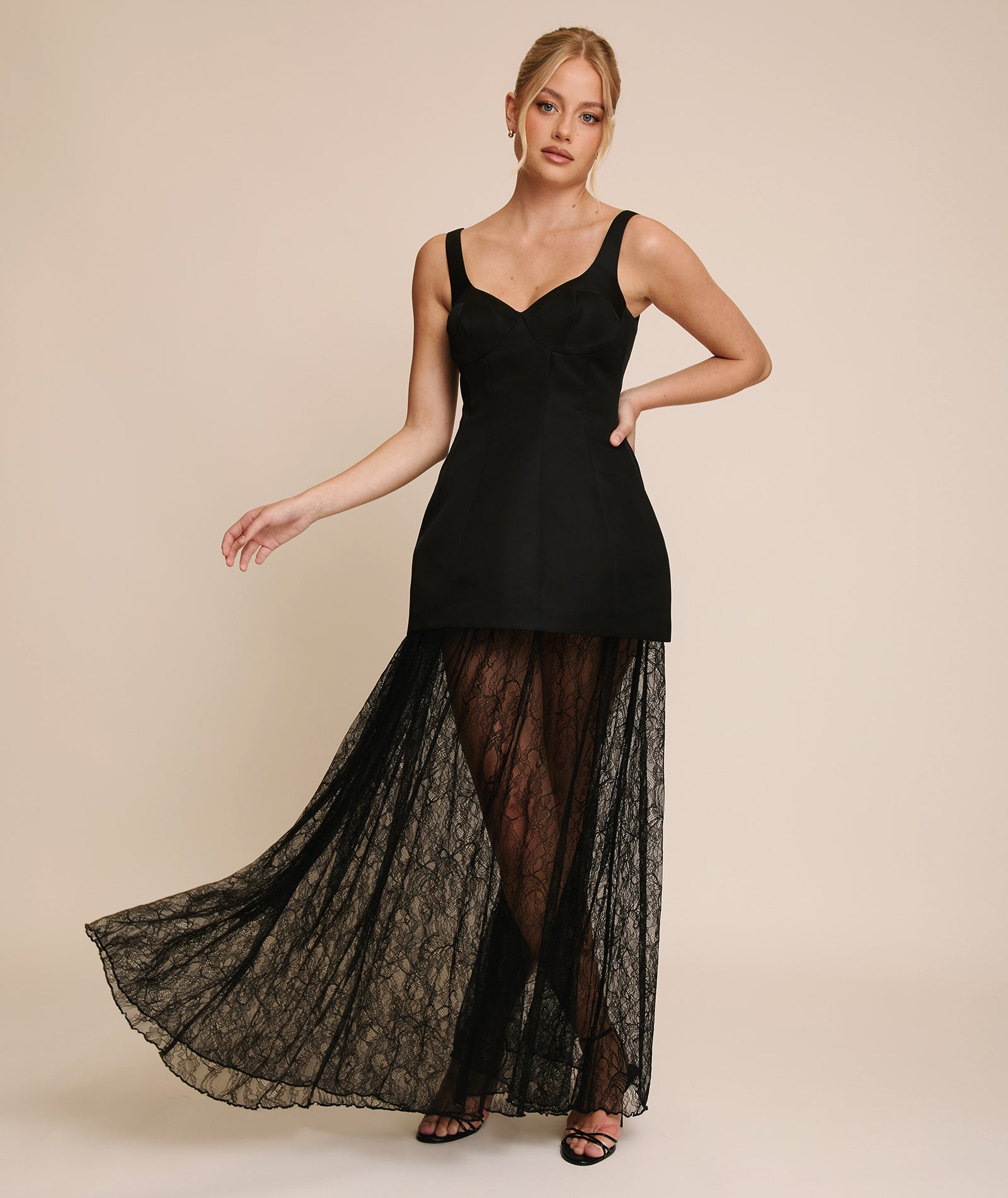 Plunge Satin Dress with Lace Skirt - Black | Black Tie | Black Maxi Dresses