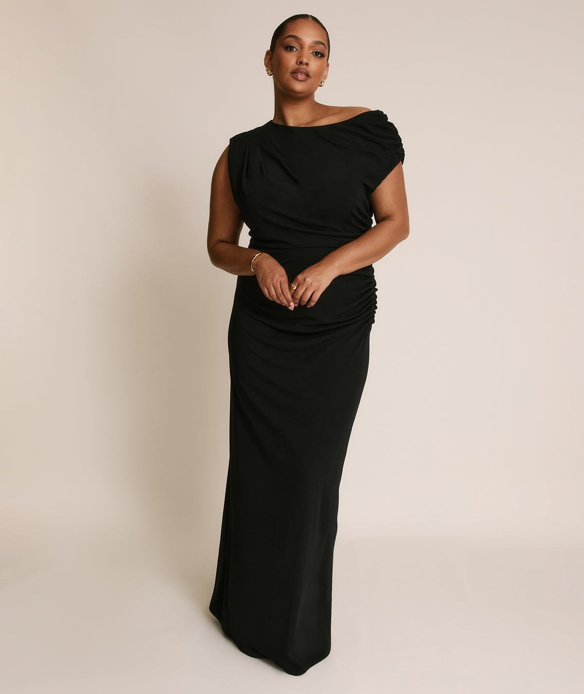 Asymmetric Neck Stretch Sculpt Bridesmaid Dress - Black