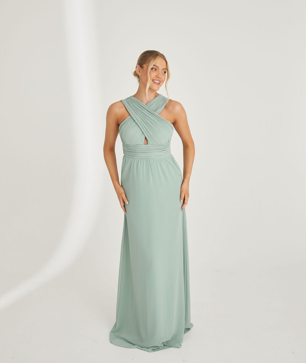 Cross Pleated Bodice Short Chiffon Dresses Sage