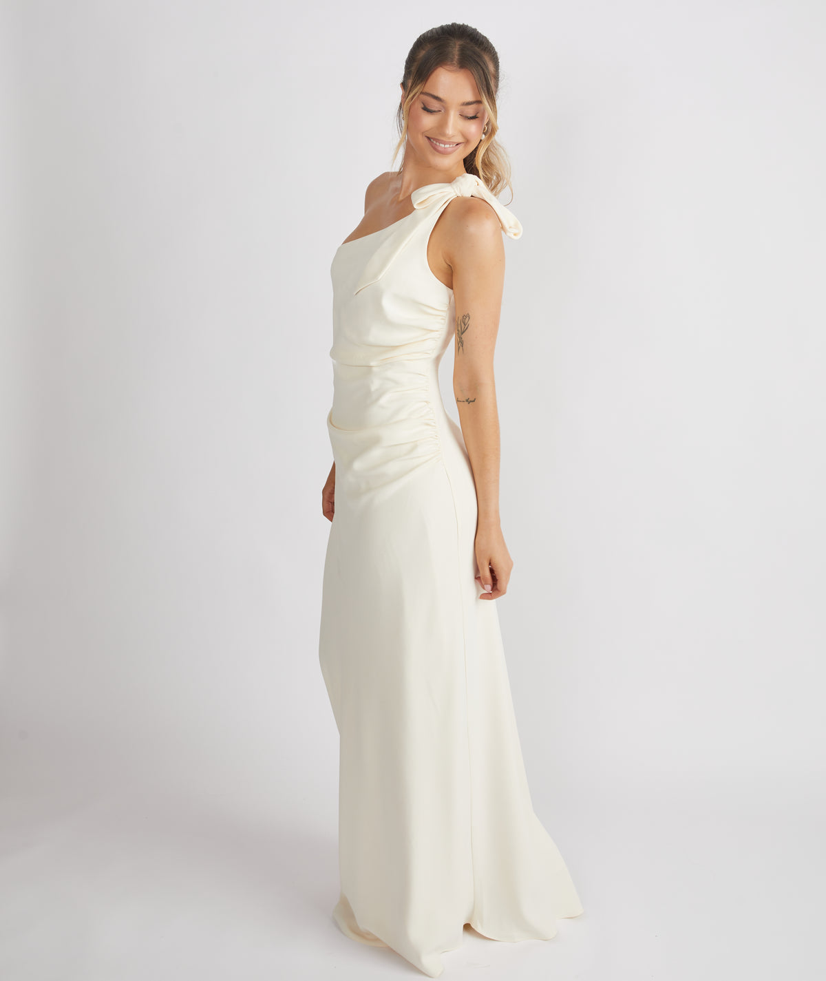 Bow One Shoulder Gathered Crepe Bridesmaid Dress - Almond