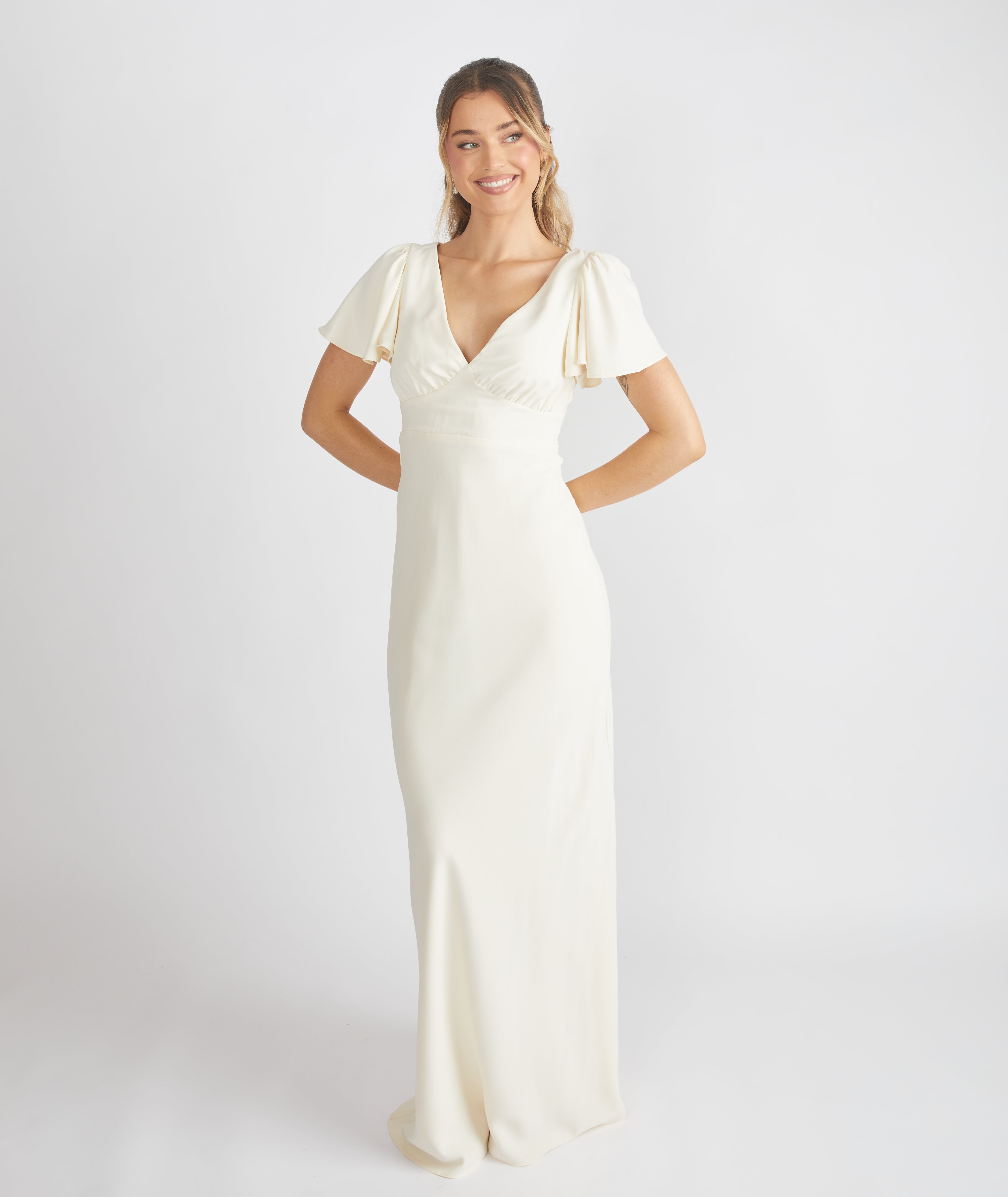 Flutter Sleeve Crepe Bridesmaid Dress - Almond- Size US 10