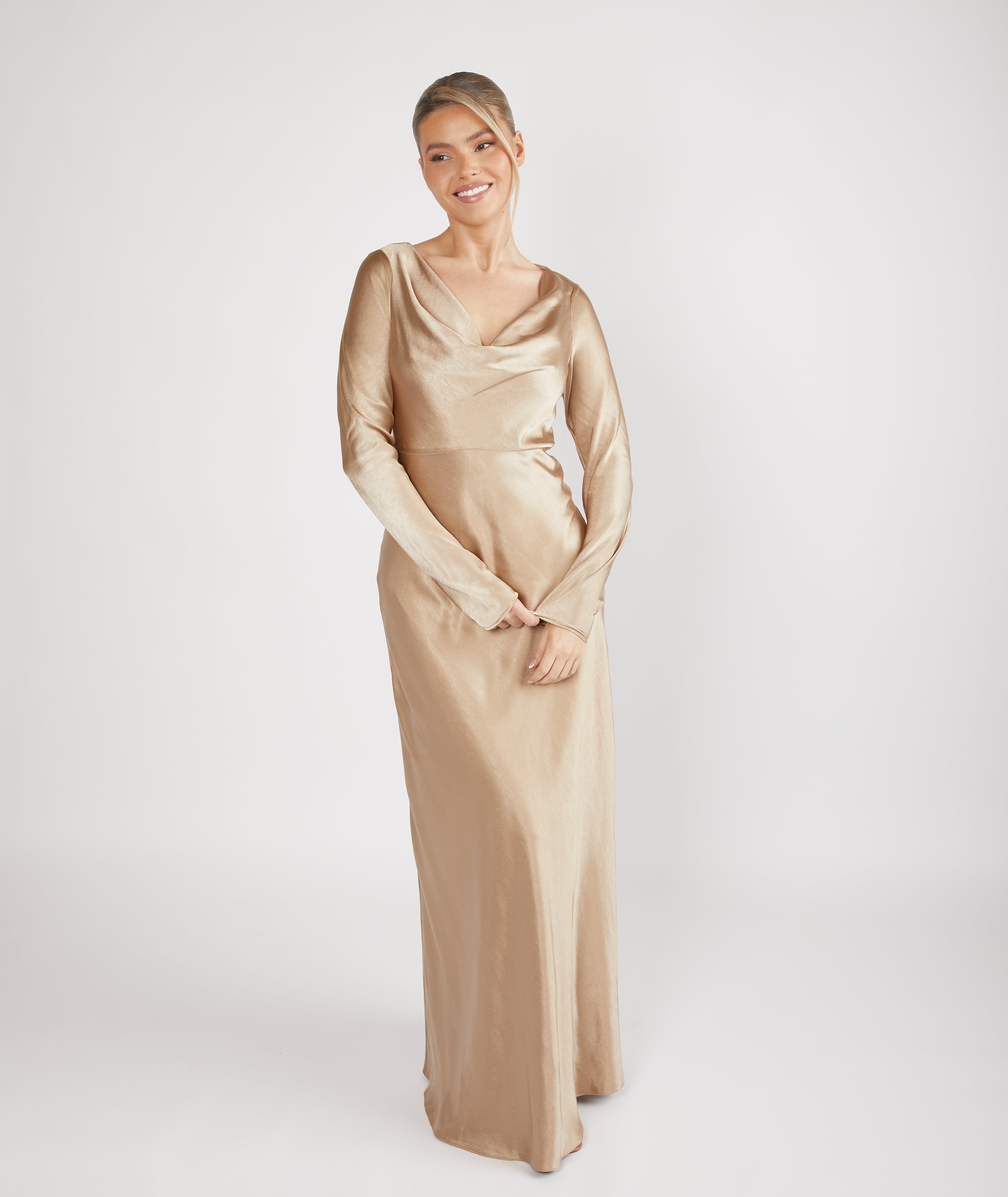 beige satin dress long sleeve Six Stories Cowl-Front Long-Sleeve Satin Maxi Dress