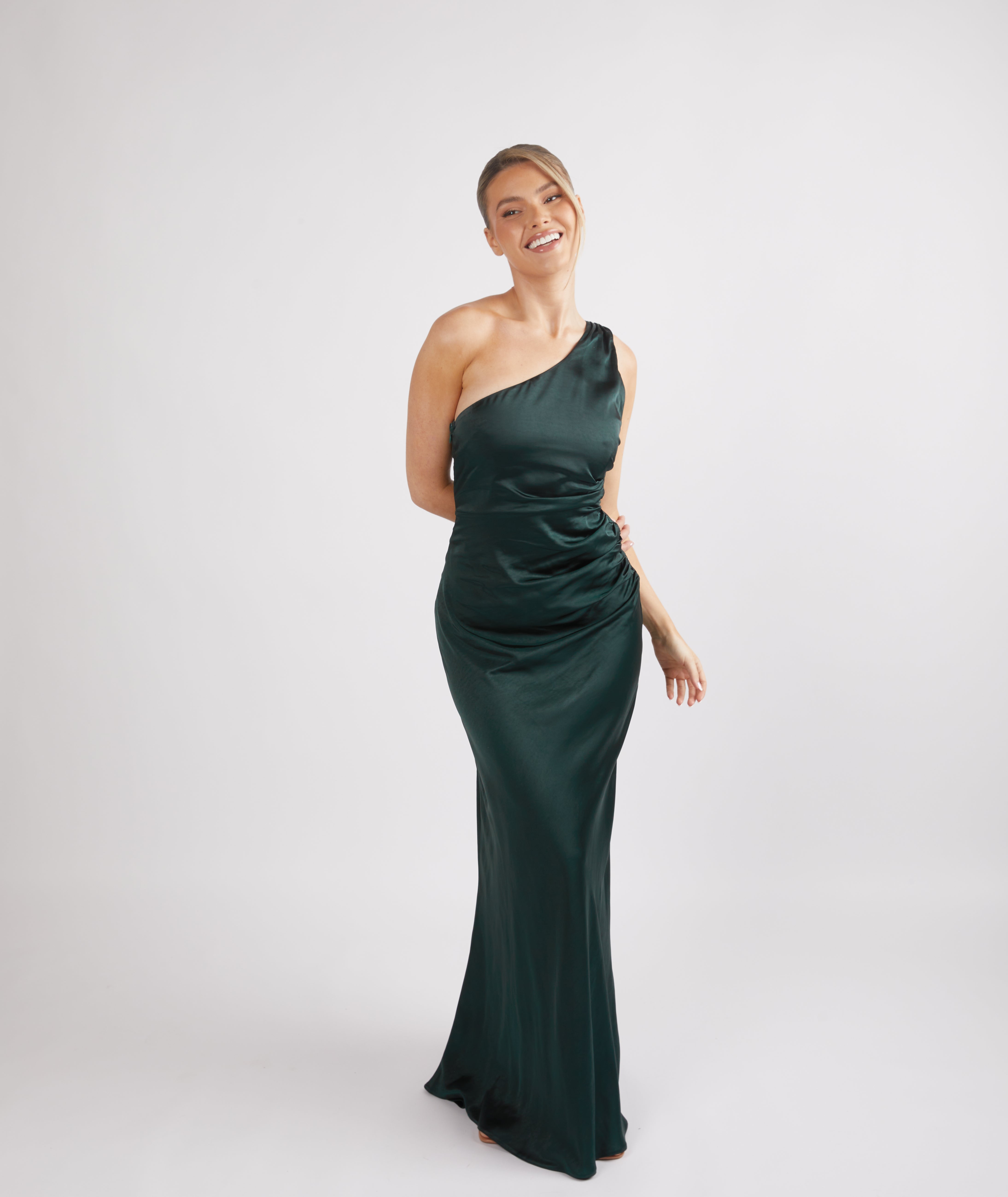 green silk one shoulder dress BABARONI BABARONI Acetate Satin Olive Green Bridesmaid Dresses One Shoulder Sweep Train Long Sleeve with Slit Pleated Sheath, Olive Green / US18