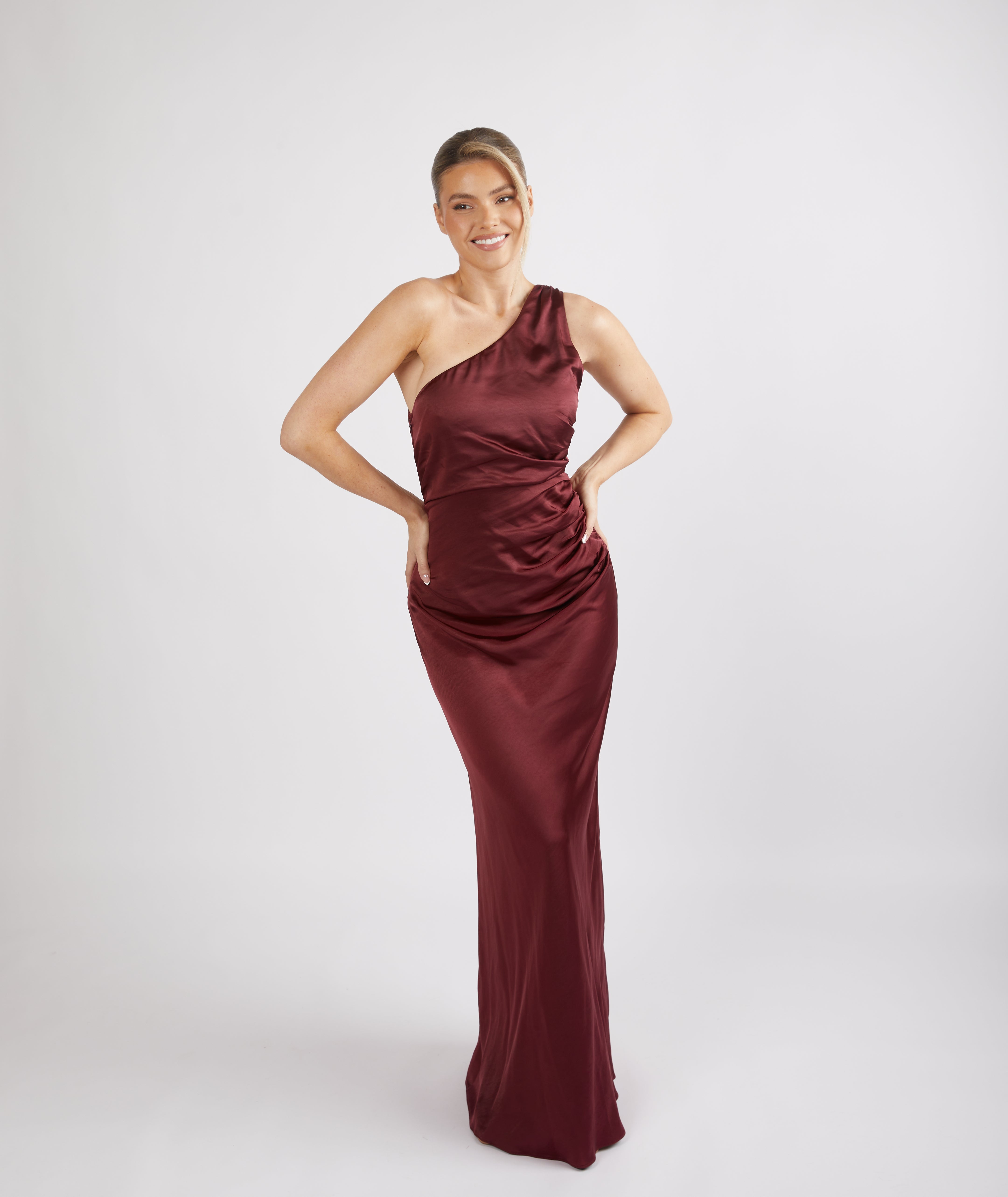 Six Stories One-Shoulder Ruched Satin Maxi Dress - Deep Wine Six Stories One-Shoulder Ruched Satin Maxi Dress - Deep Wine