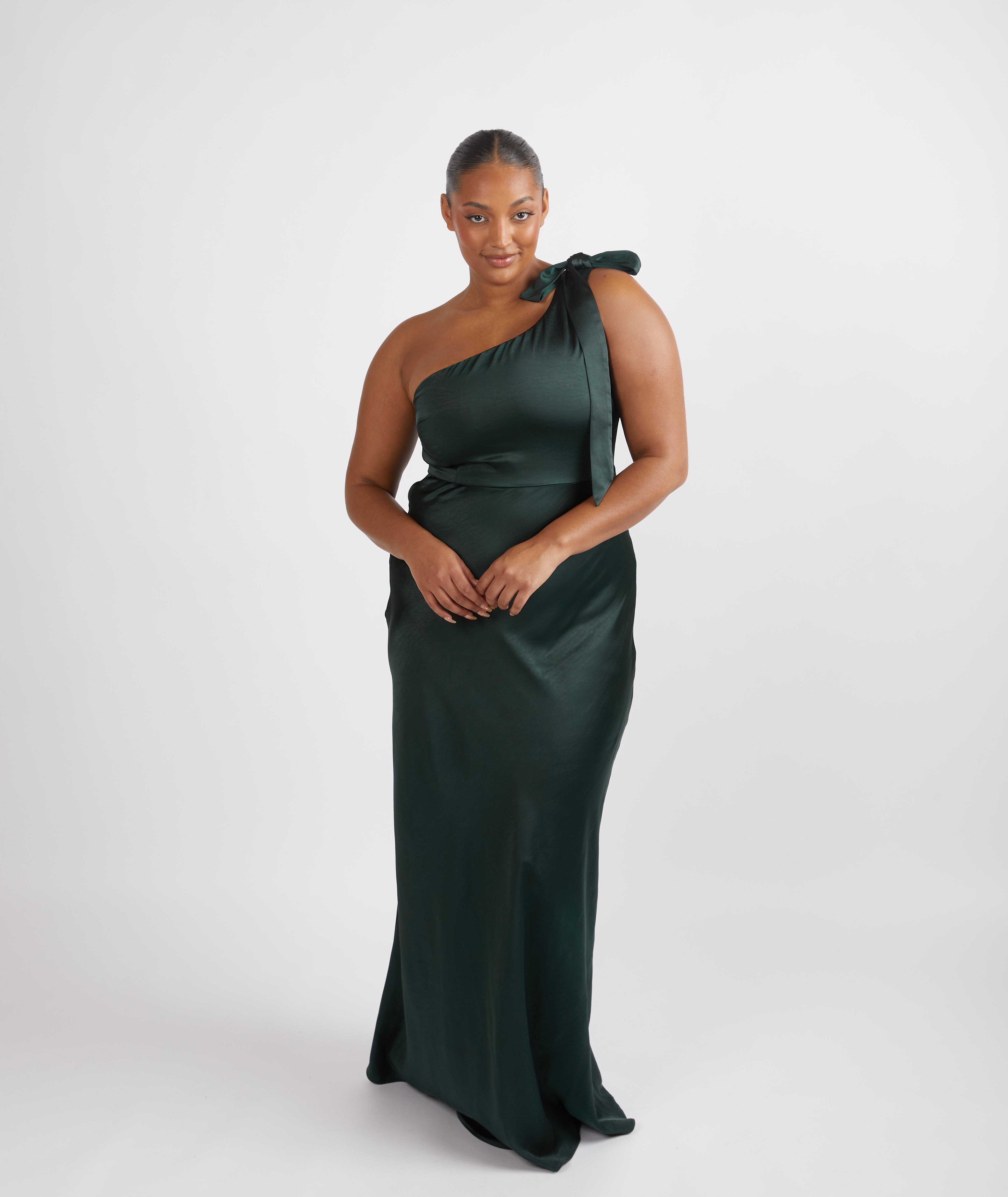 green emerald velvet dress Six Stories Bow One-Shoulder Maxi Dress