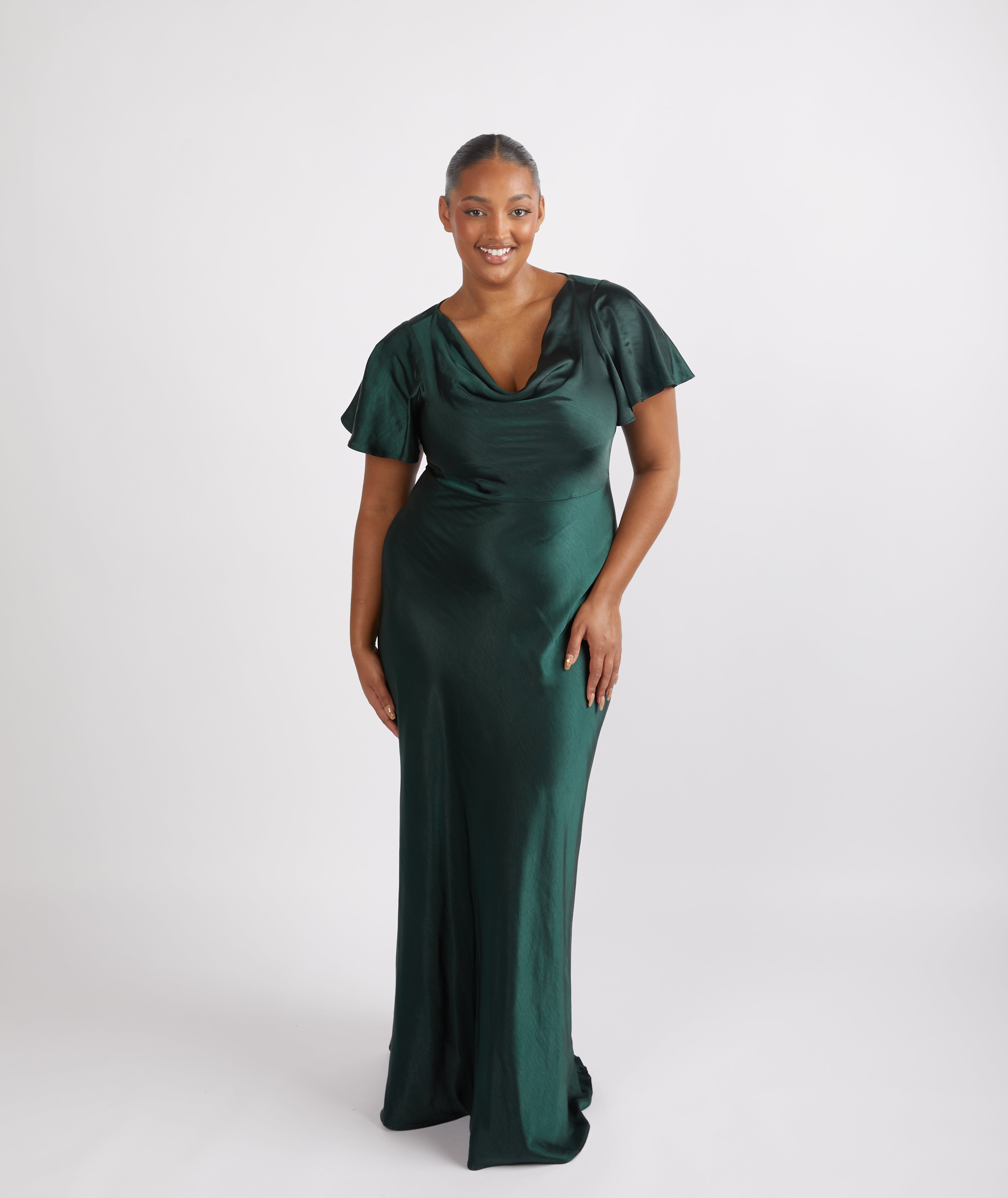 green emerald velvet dress Six Stories Womens Emerald COWL-FRONT Short-Sleeve Satin Maxi Dress 6