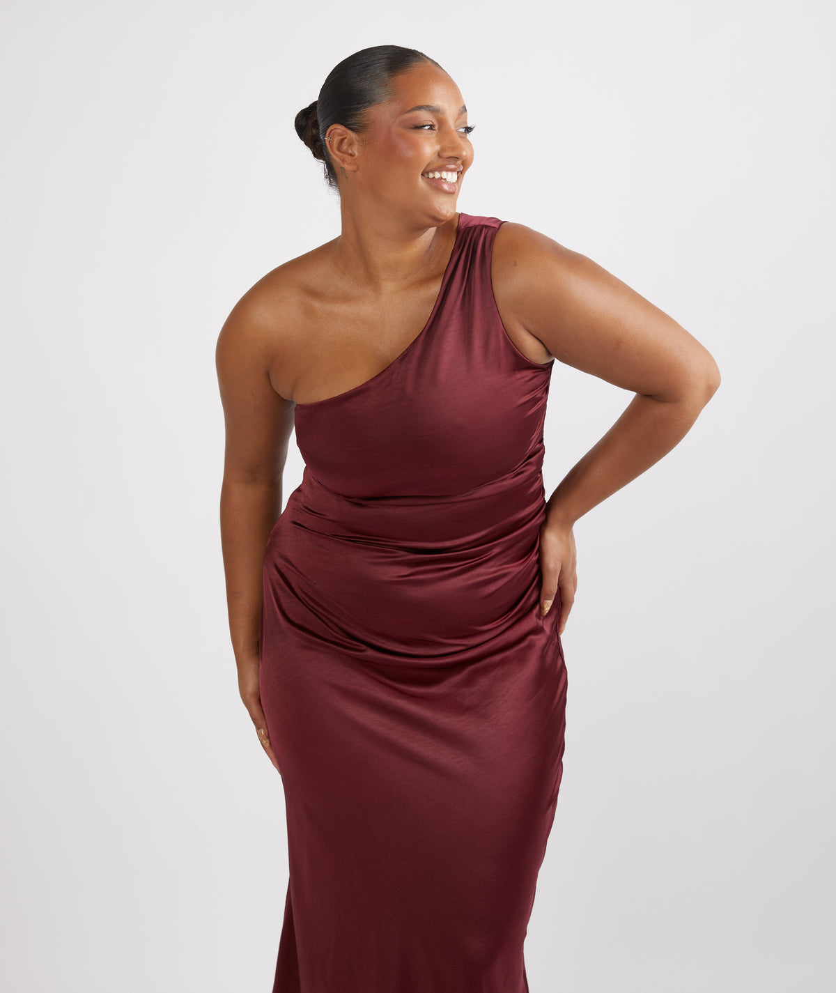 One Shoulder Satin Ruched Bridesmaid Dress - Deep Wine