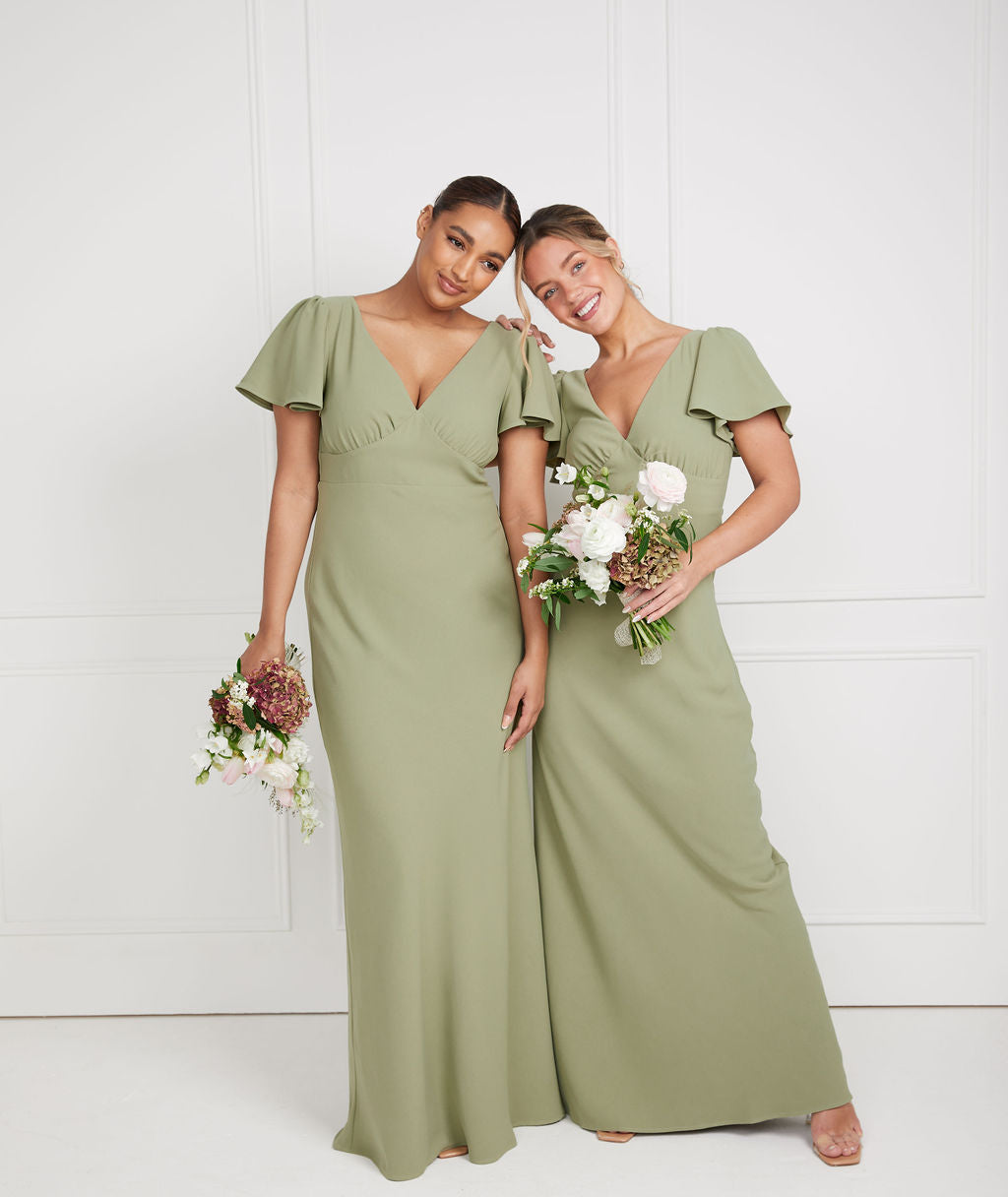 Flutter Sleeve V Neck Crepe Bridesmaid Dress - Sage