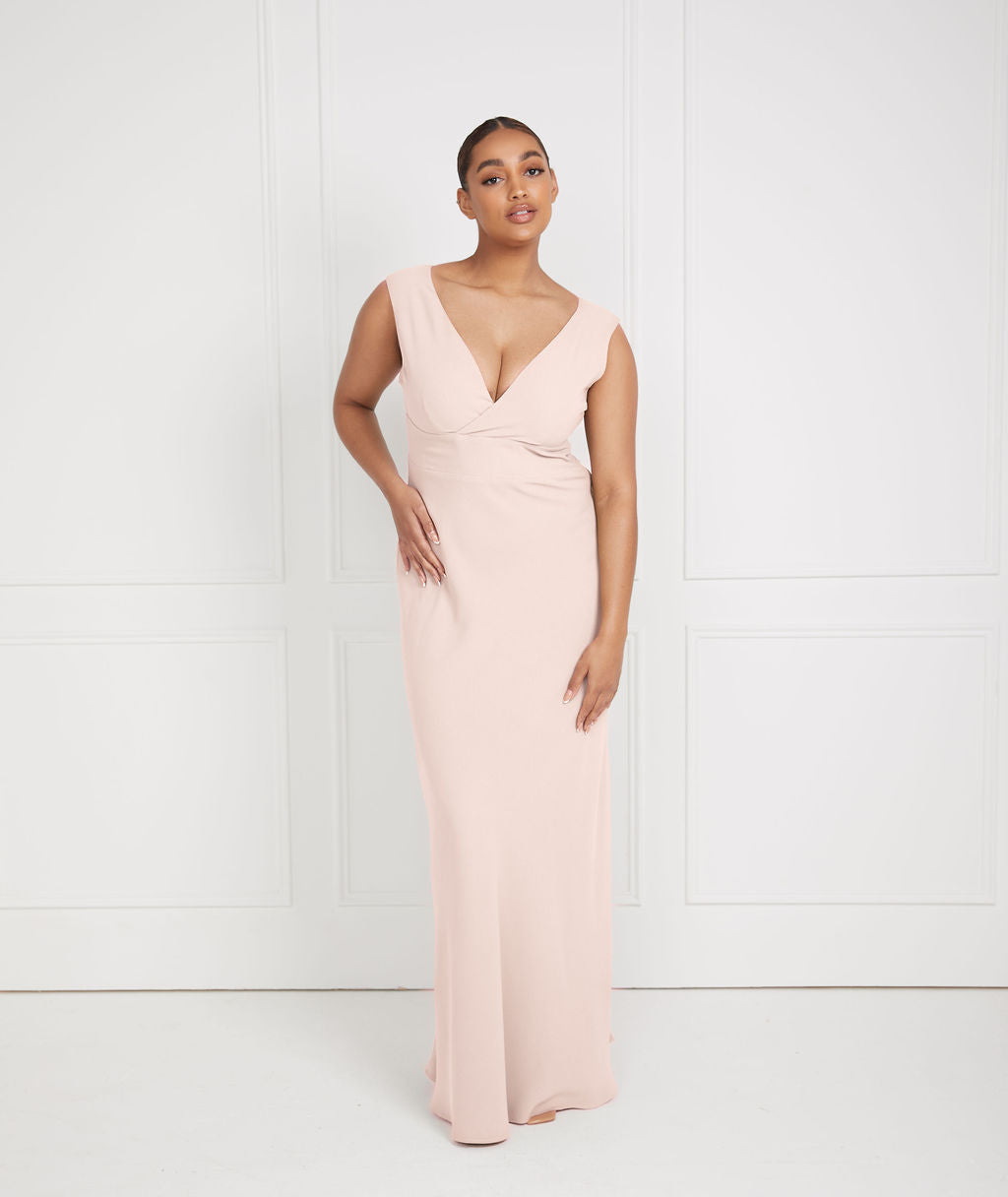 V Neck Plunge Crepe Bridesmaid Dress - Blush | Six Stories- Size US 14 V Neck Plunge Crepe Bridesmaid Dress - Blush | Six Stories- Size US 14