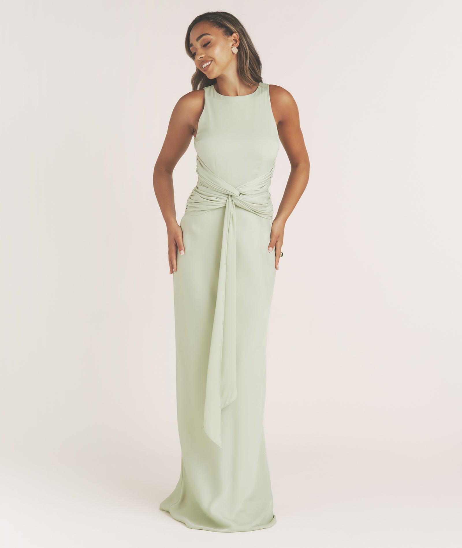 Twist Drape Satin Maxi Dress - Sage- Size US 12 Twist Drape Satin Maxi Dress - Sage- Size US 12