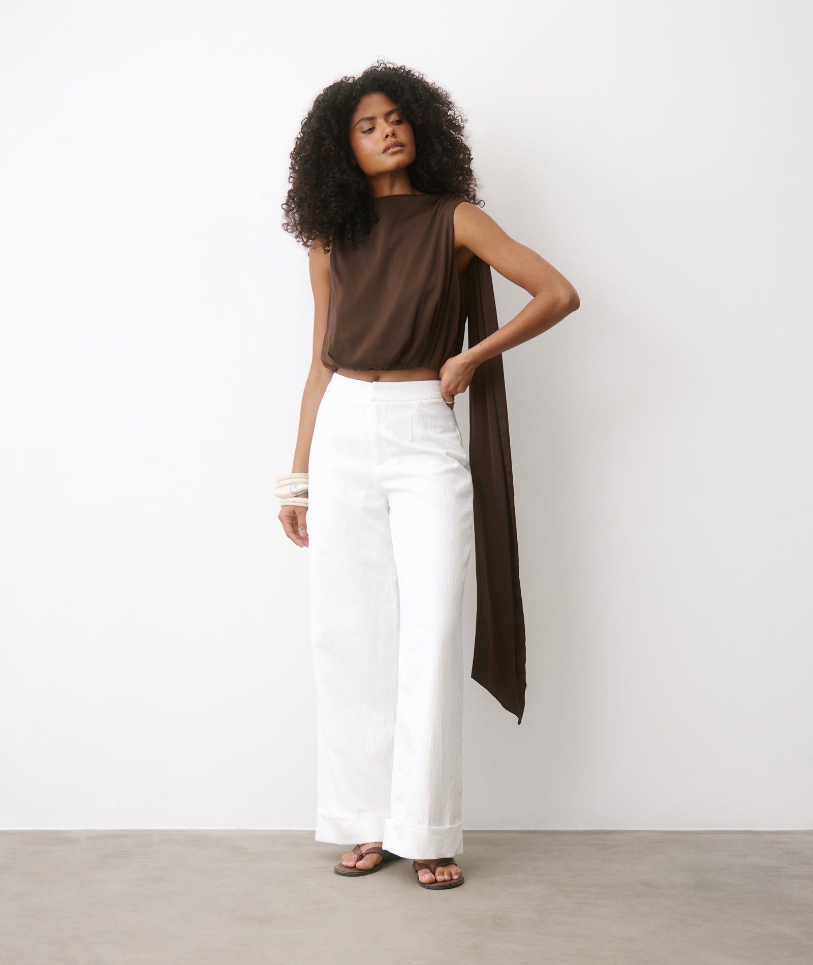 Satin Drape Detail High Neck Top - Chocolate – Six Stories