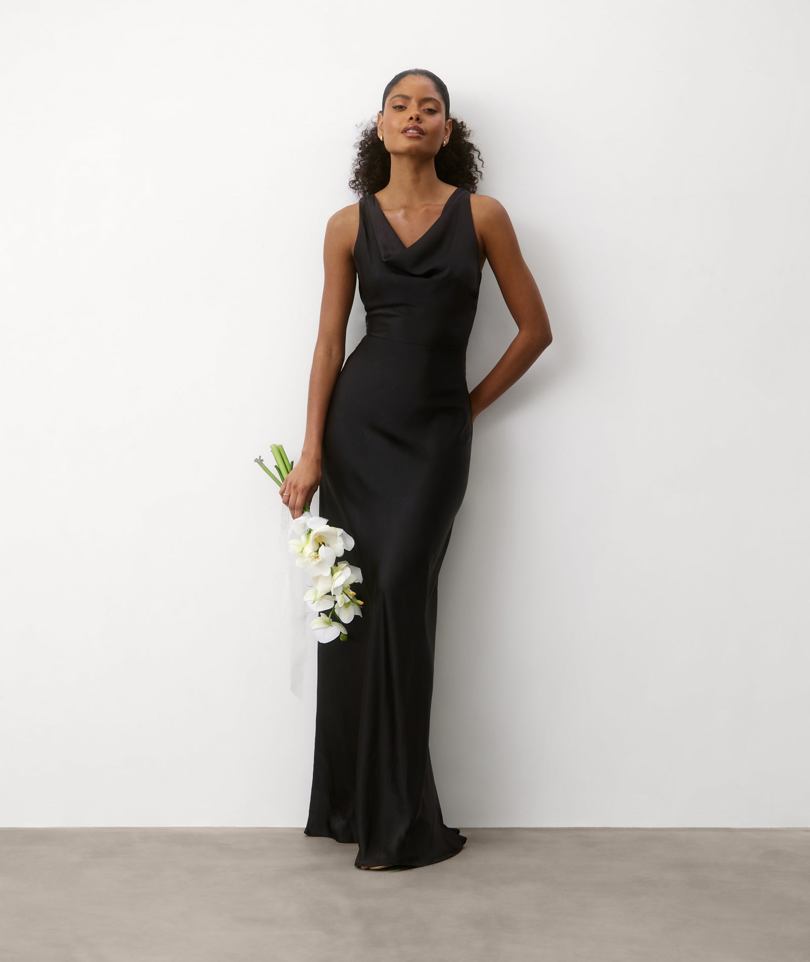black maxi bridesmaid dress Six Stories Cowl Front Satin Bridesmaid Dress