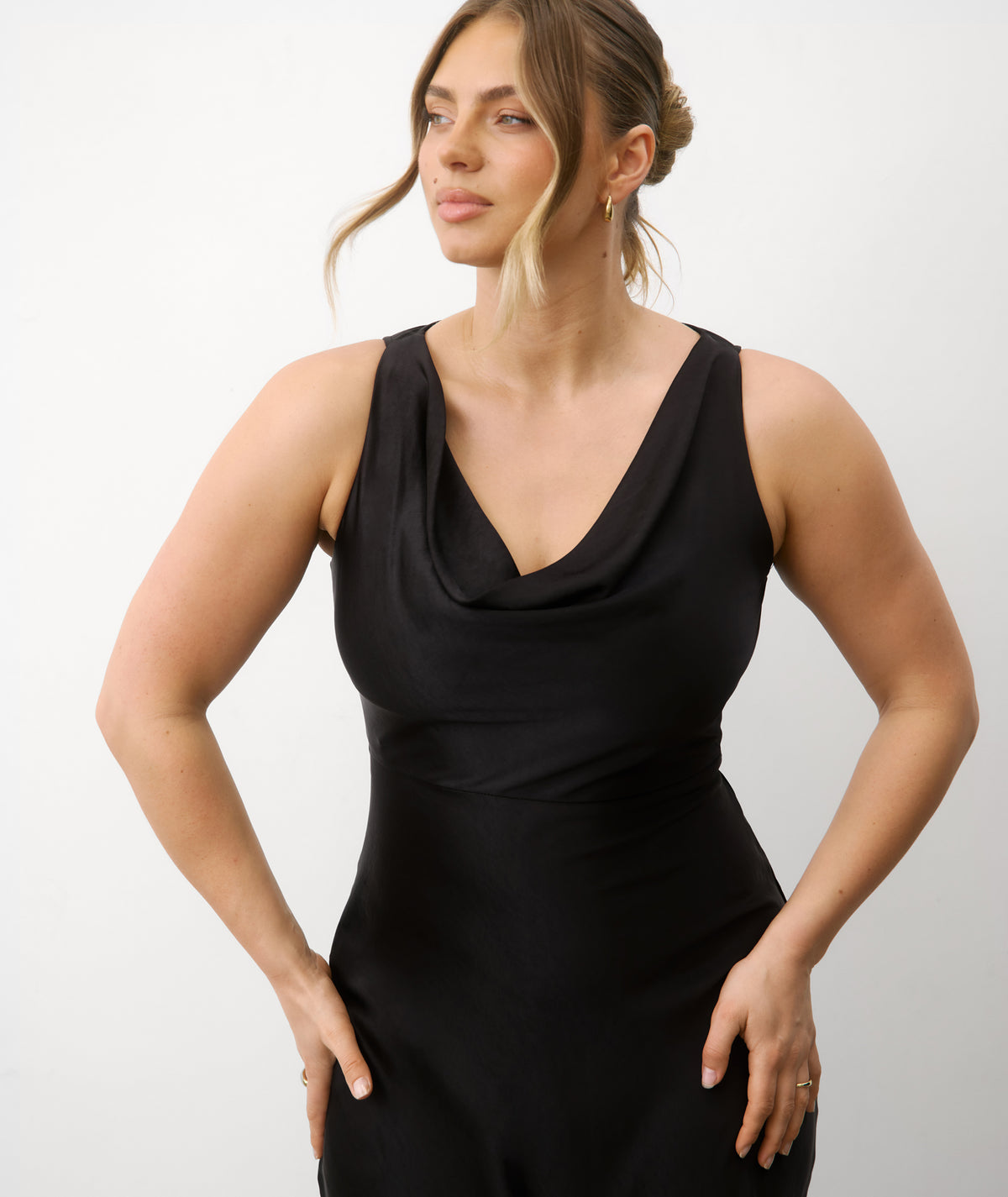 Cowl Front Satin Bridesmaid Dress - Black