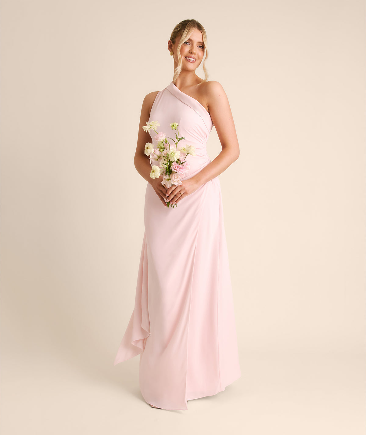 One Shoulder Neck Tie Chiffon Bridesmaid Dress - Blush Pink