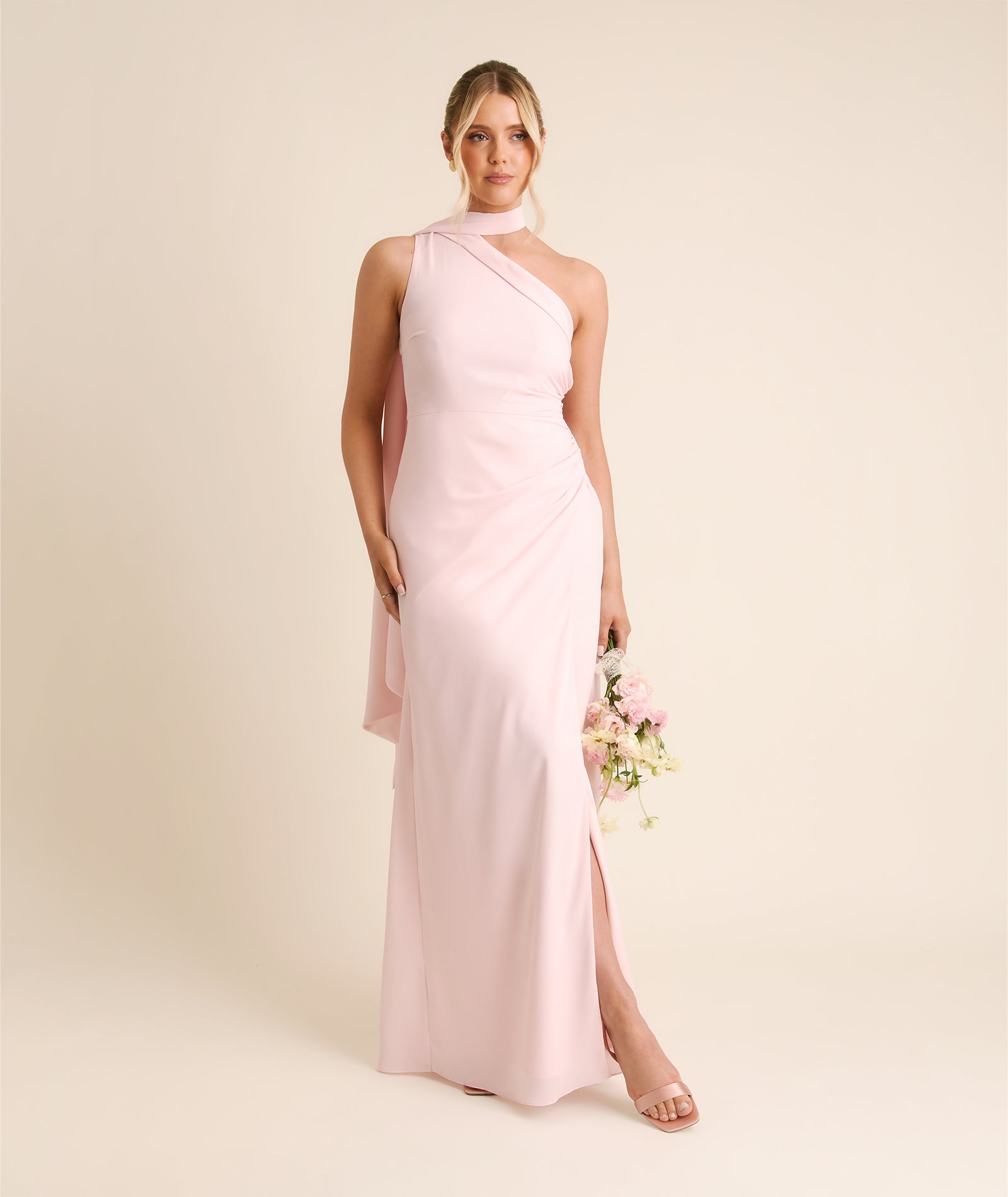 One Shoulder Neck Tie Chiffon Bridesmaid Dress - Blush Pink  Six Stories