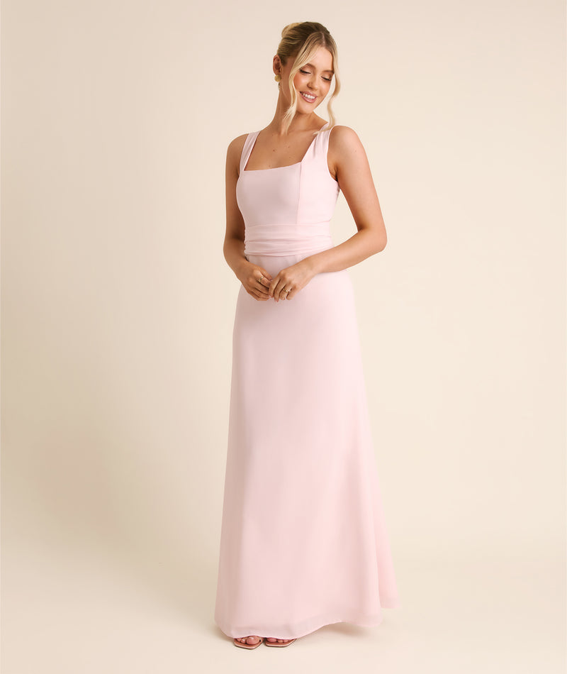 Square Neck Chiffon Bridesmaid Dress with Neck Scarf - Blush Pink