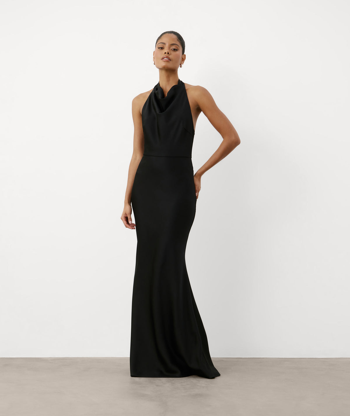 Halter Neck Cowl Satin Bridesmaid Dress - Black