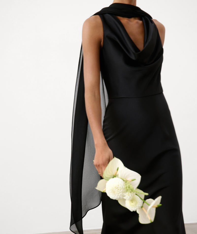 Cowl Front Satin Bridesmaid Dress - Black