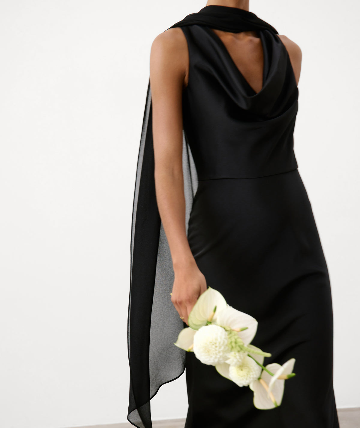 Cowl Front Satin Bridesmaid Dress - Black