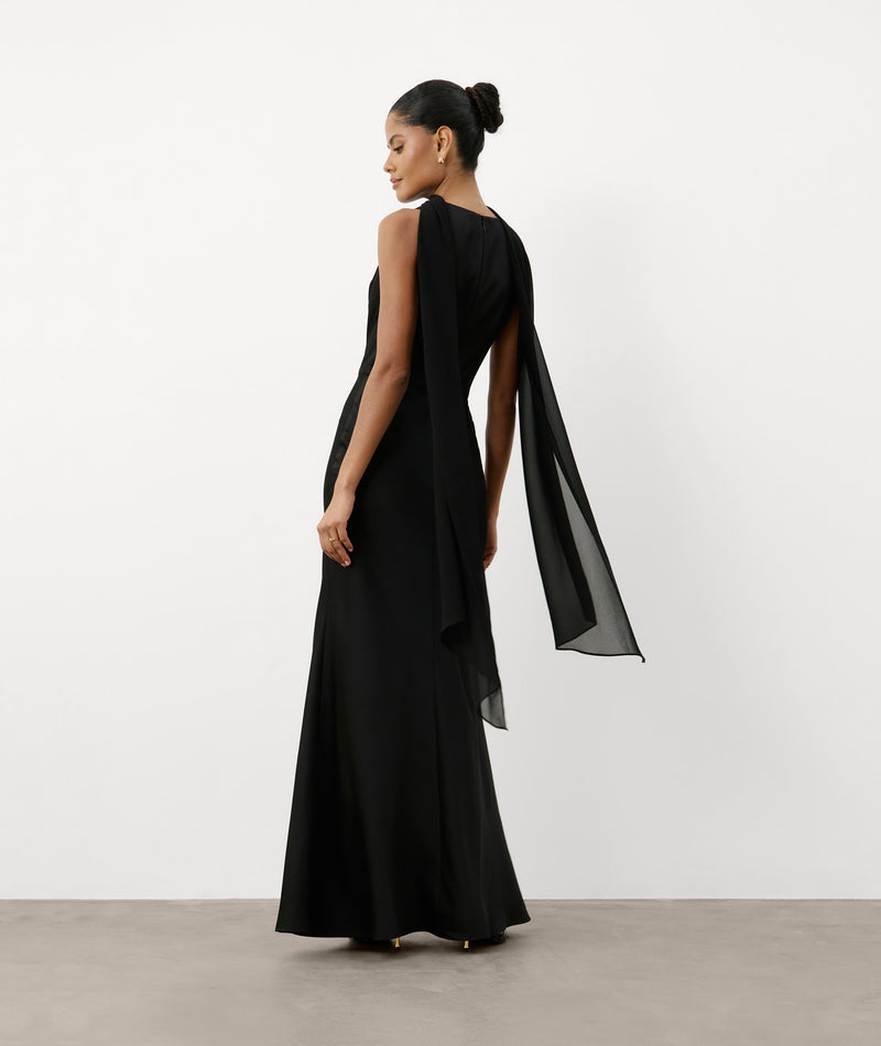 Cowl Front Satin Bridesmaid Dress - Black