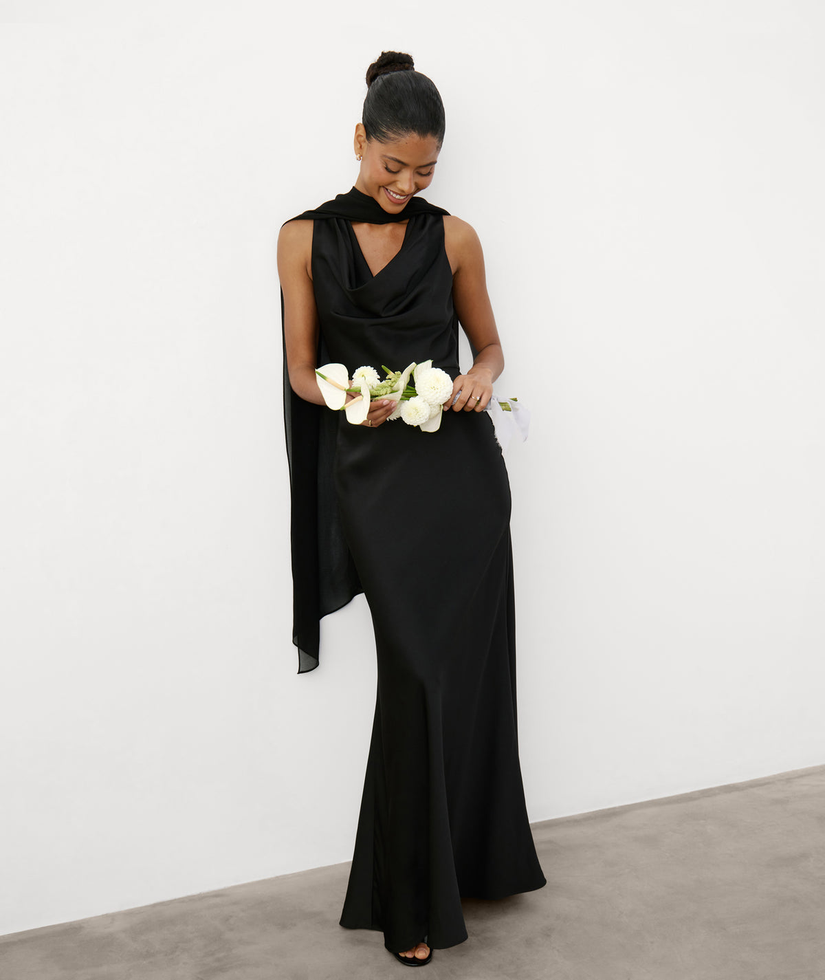 Cowl Front Satin Bridesmaid Dress - Black