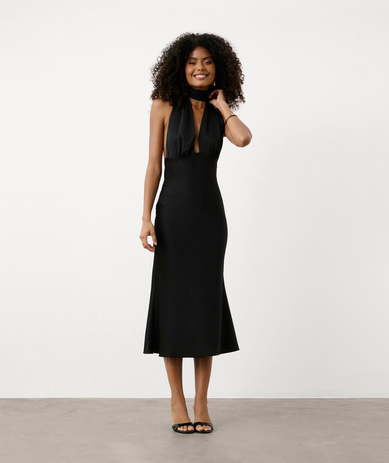 Plunge Tie Satin Midi Dress - Black