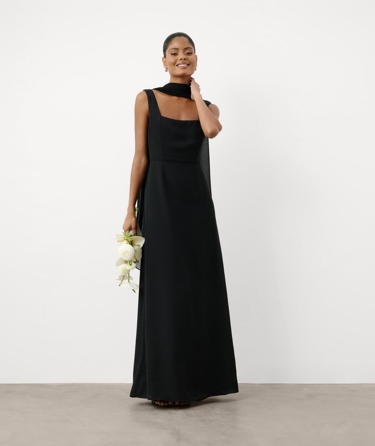 Square Neck Chiffon Bridesmaid Dress with Neck Scarf - Black
