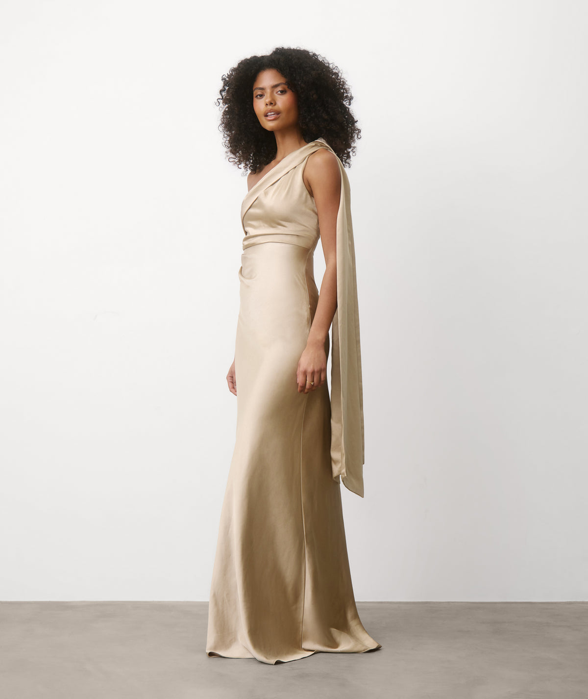One Shoulder Drape Satin Bridesmaid Dress - Champagne