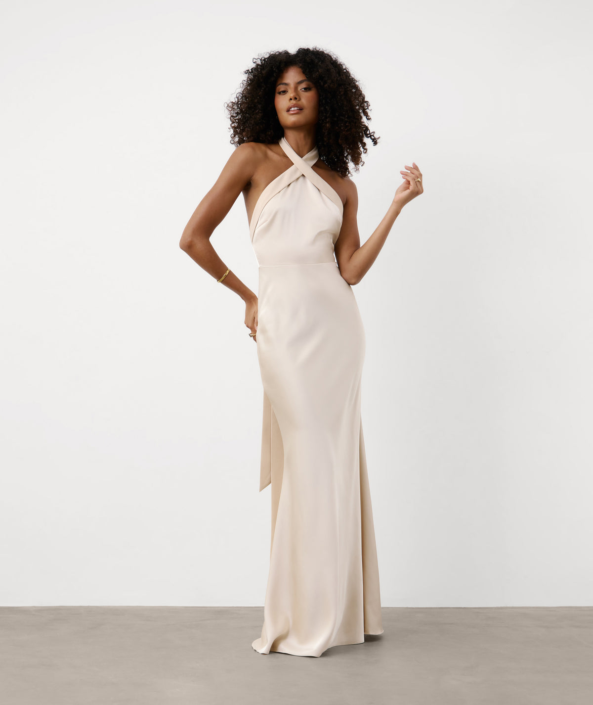 Cross Halter Neck Satin Bridesmaid Dress - Soft Champagne